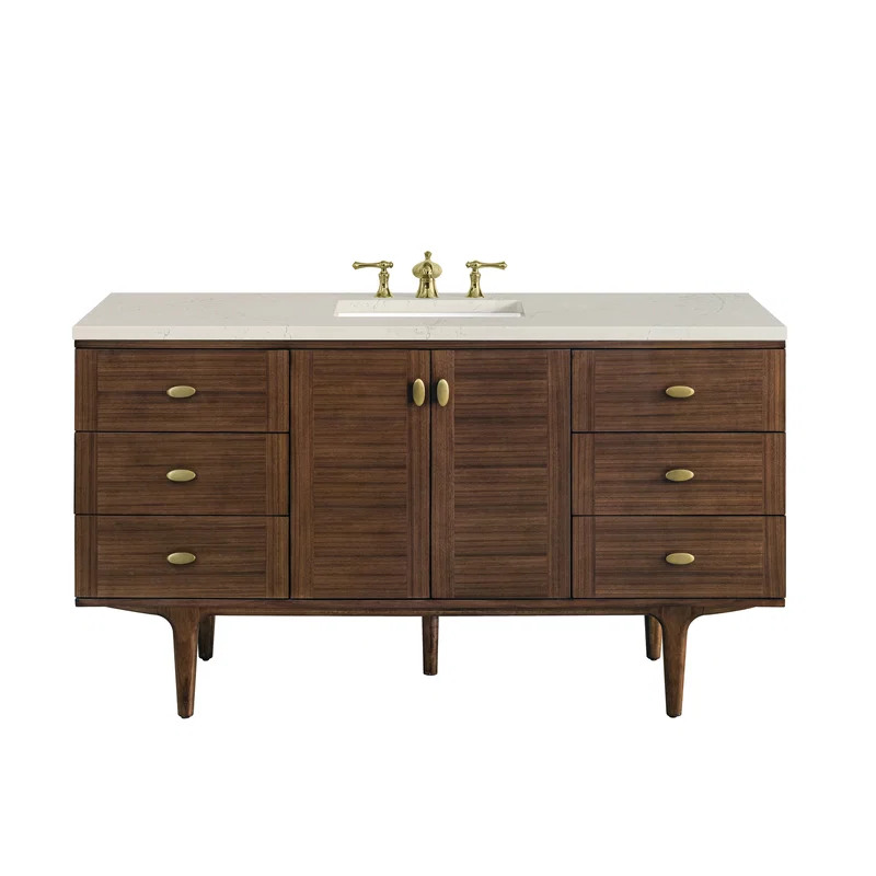Amberly 60" Single Vanity, Mid-Century Walnut, w/ 3 CM Siberian Silestone Top w/FreePower Wireless Charger