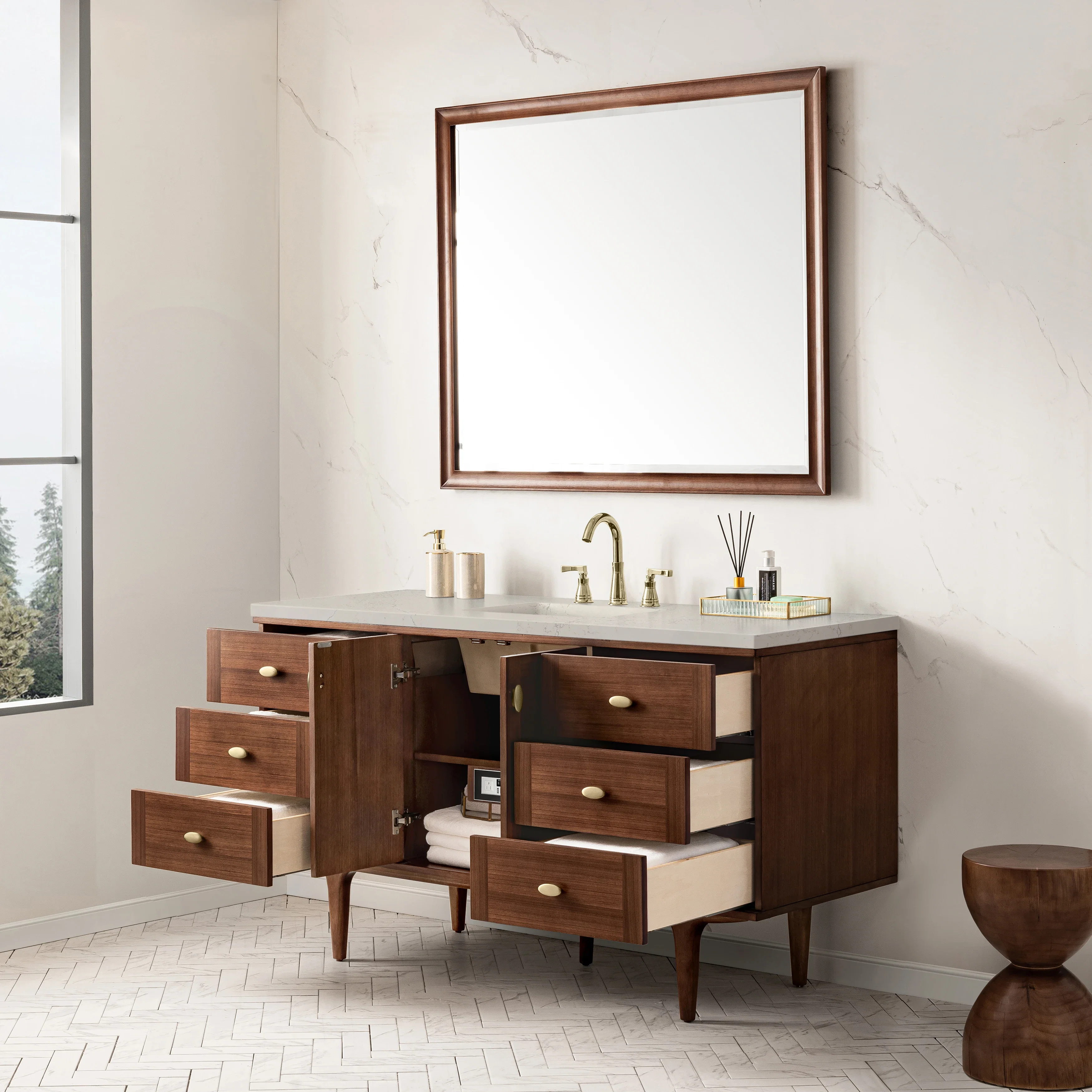 Amberly 60" Single Vanity, Mid-Century Walnut, w/ 3 CM Siberian Silestone Top w/FreePower Wireless Charger