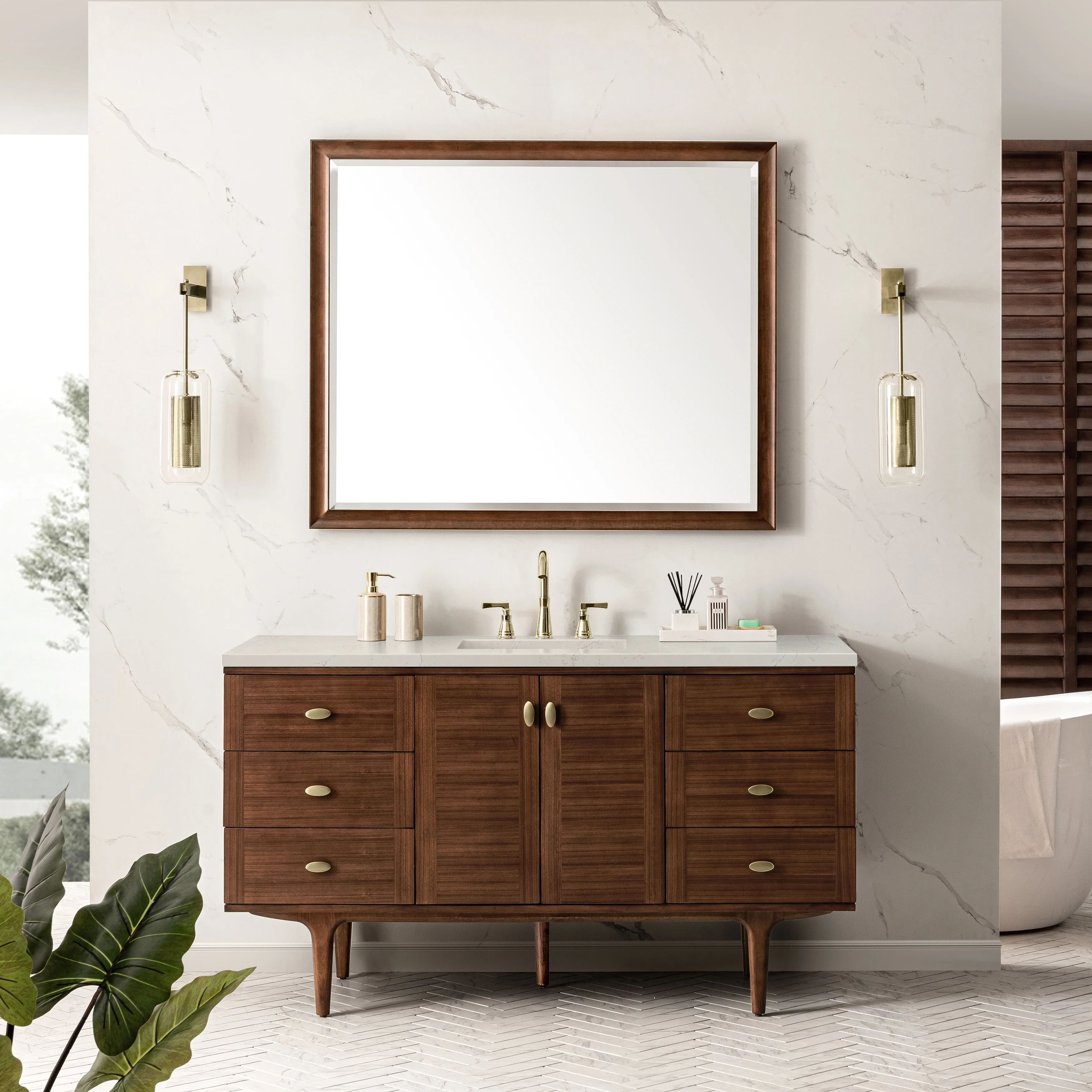 Amberly 60" Single Vanity, Mid-Century Walnut, w/ 3 CM Siberian Silestone Top w/FreePower Wireless Charger