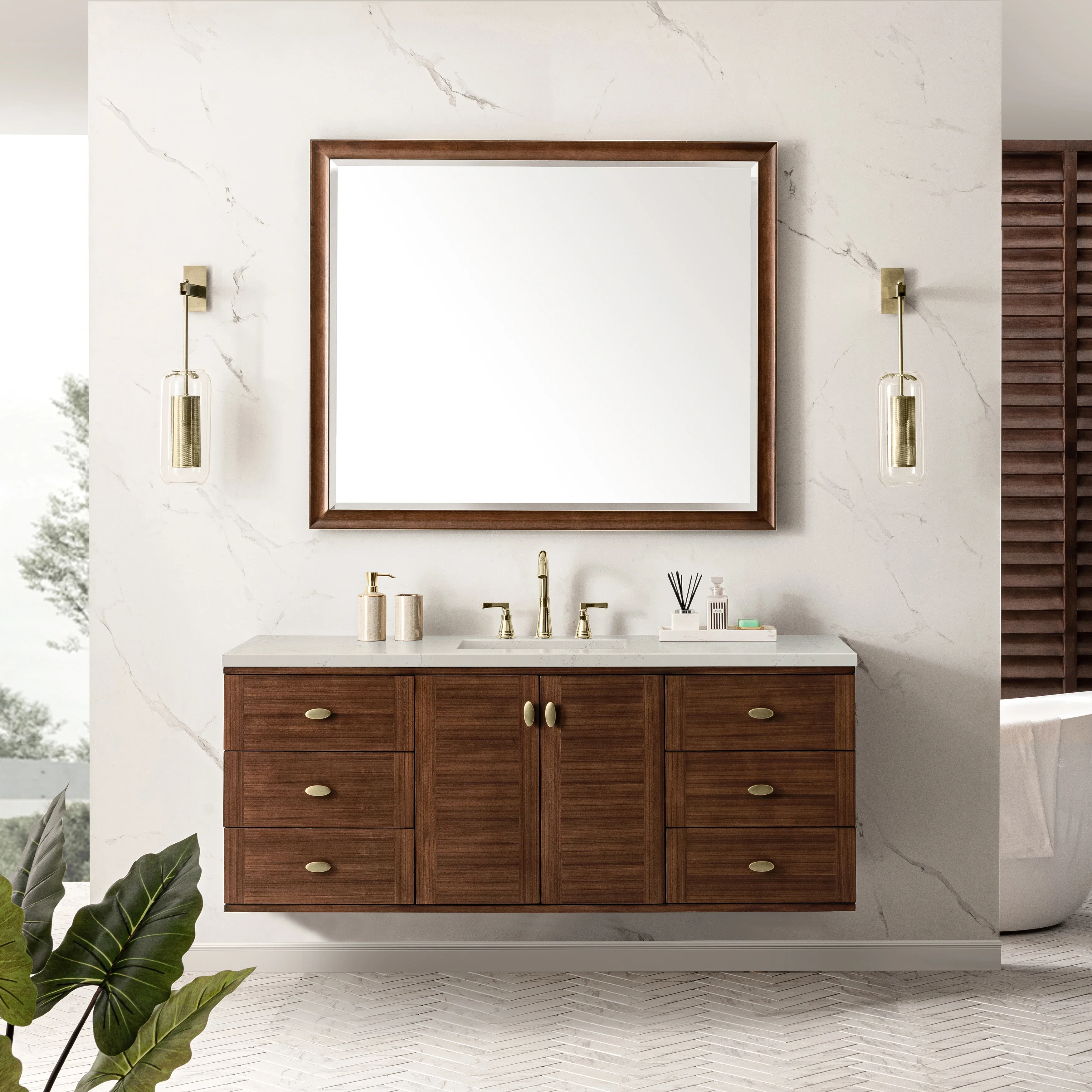 Amberly 60" Single Vanity, Mid-Century Walnut, w/ 3 CM Siberian Silestone Top w/FreePower Wireless Charger