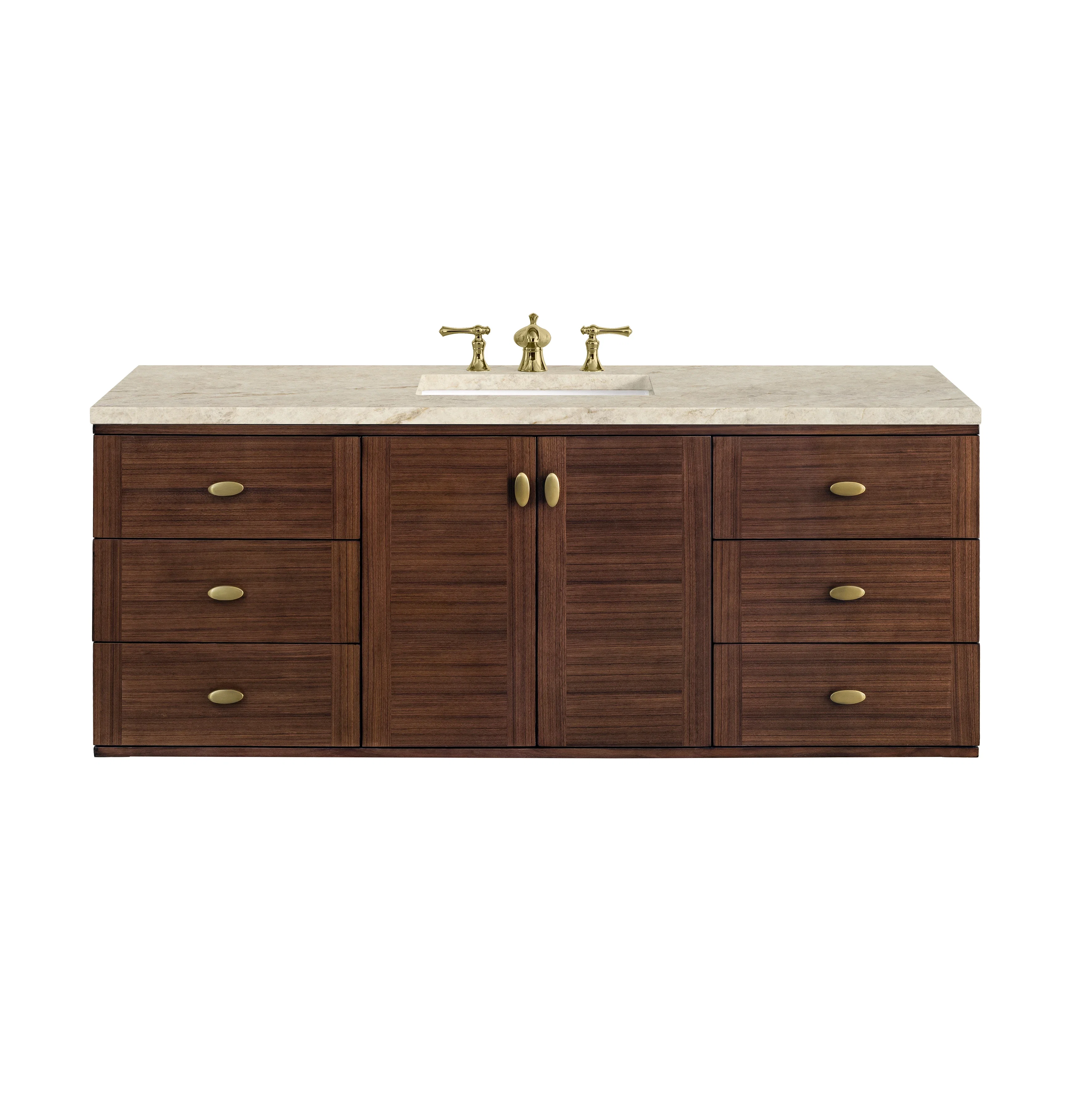 Amberly 60" Single Vanity, Mid-Century Walnut, w/ 3 CM Tajnar Eclos Top w/FreePower Wireless Charger