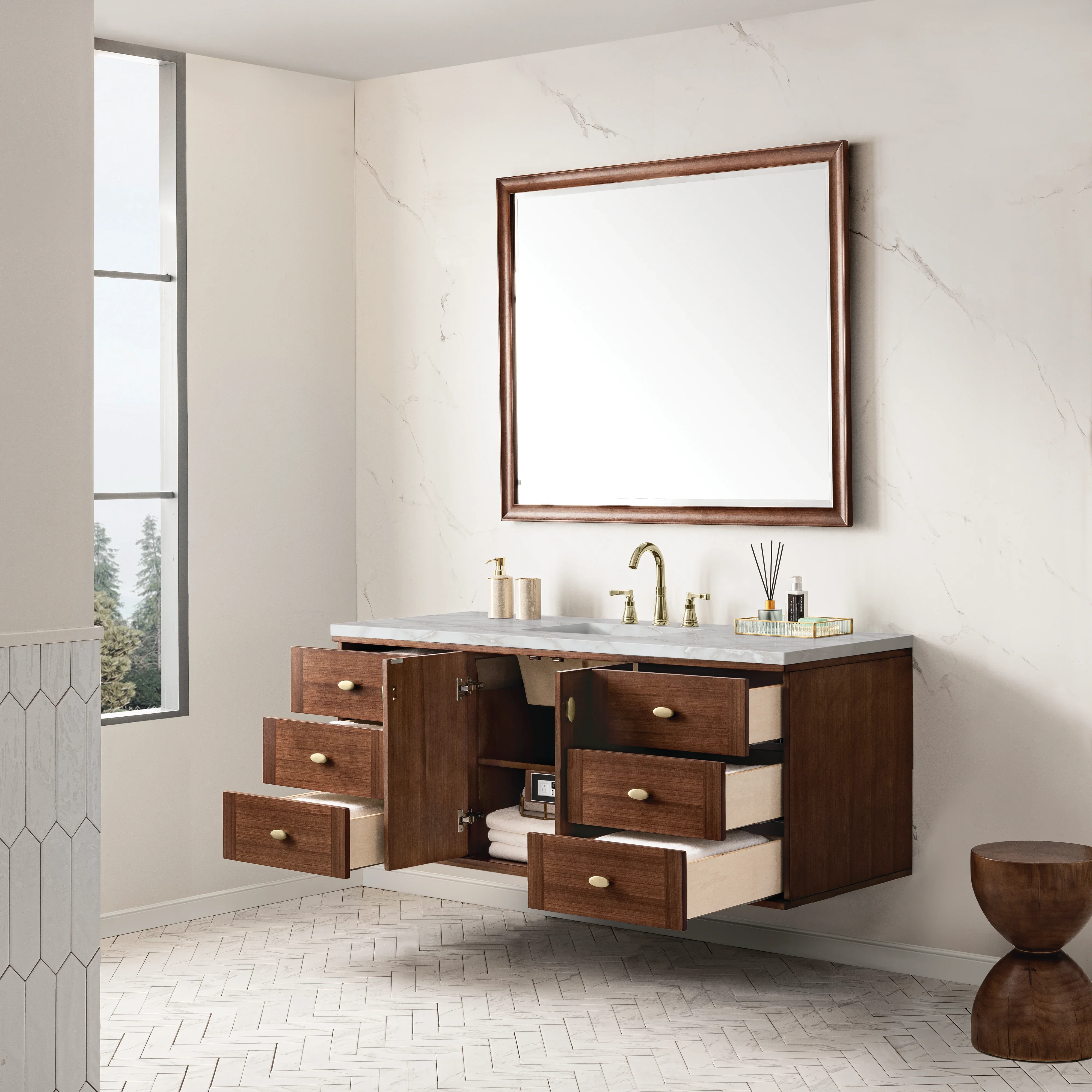 Amberly 60" Single Vanity, Mid-Century Walnut w/ 3 CM Victorian Silver Top w/FreePower Wireless Charger
