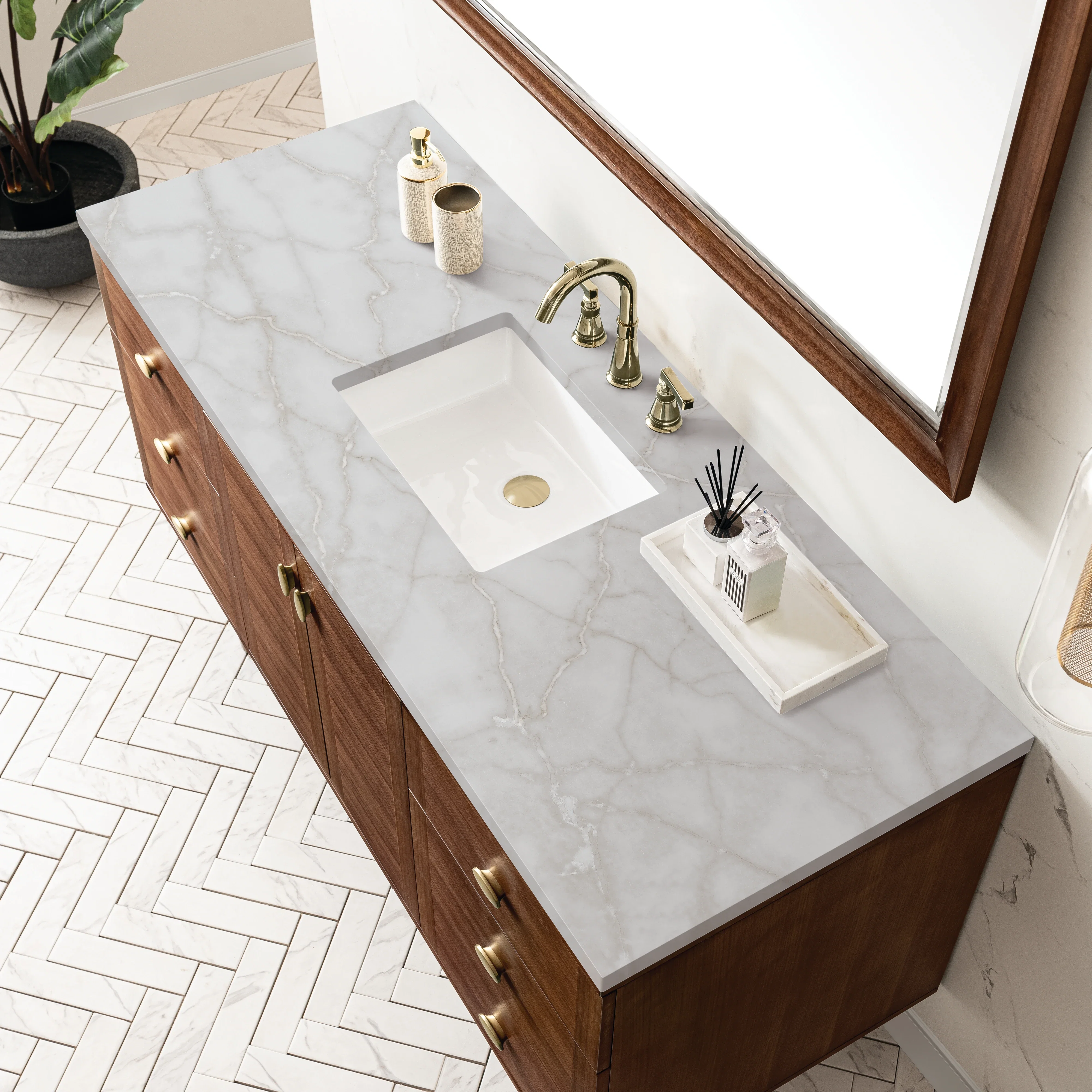 Amberly 60" Single Vanity, Mid-Century Walnut w/ 3 CM Victorian Silver Top w/FreePower Wireless Charger