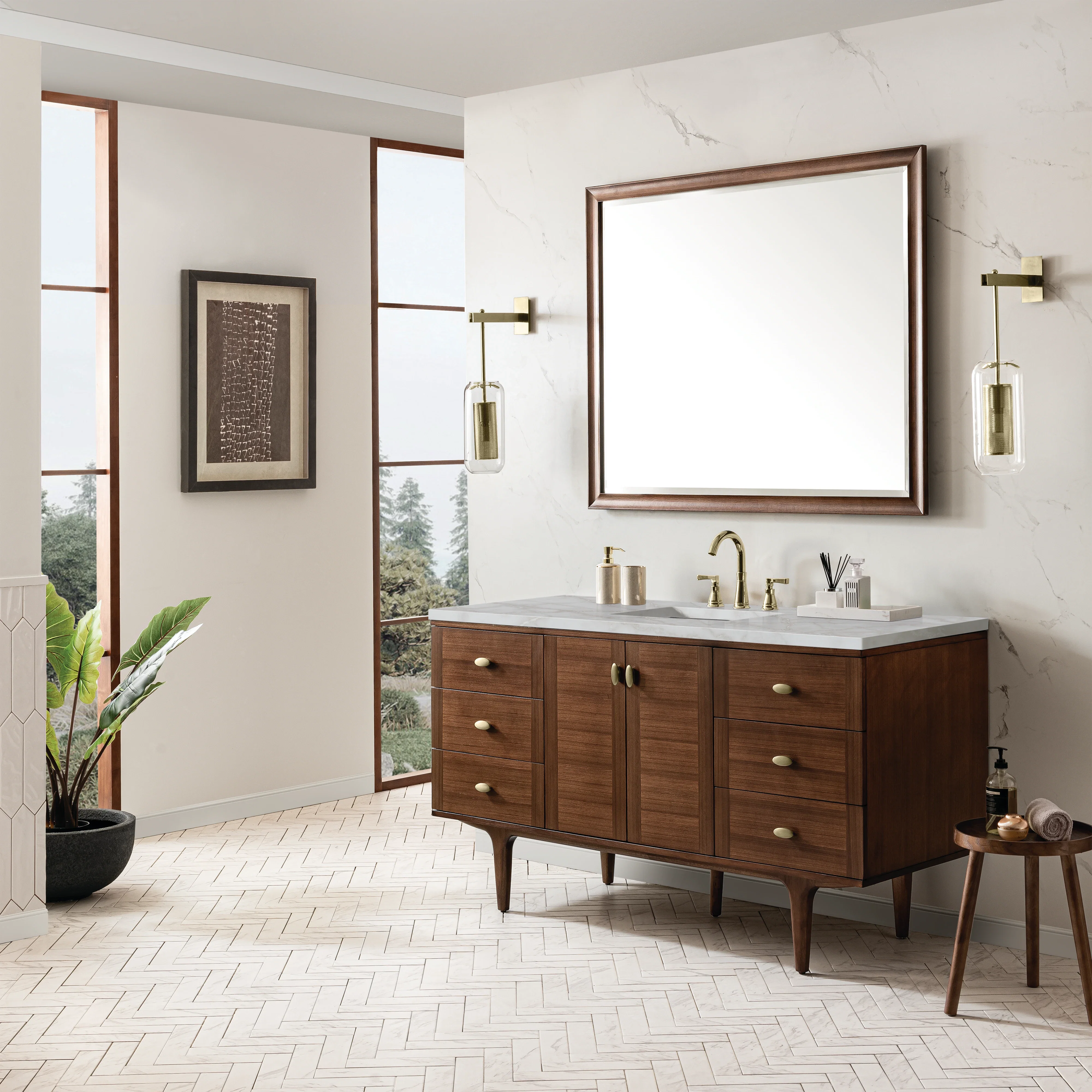 Amberly 60" Single Vanity, Mid-Century Walnut w/ 3 CM Victorian Silver Top w/FreePower Wireless Charger
