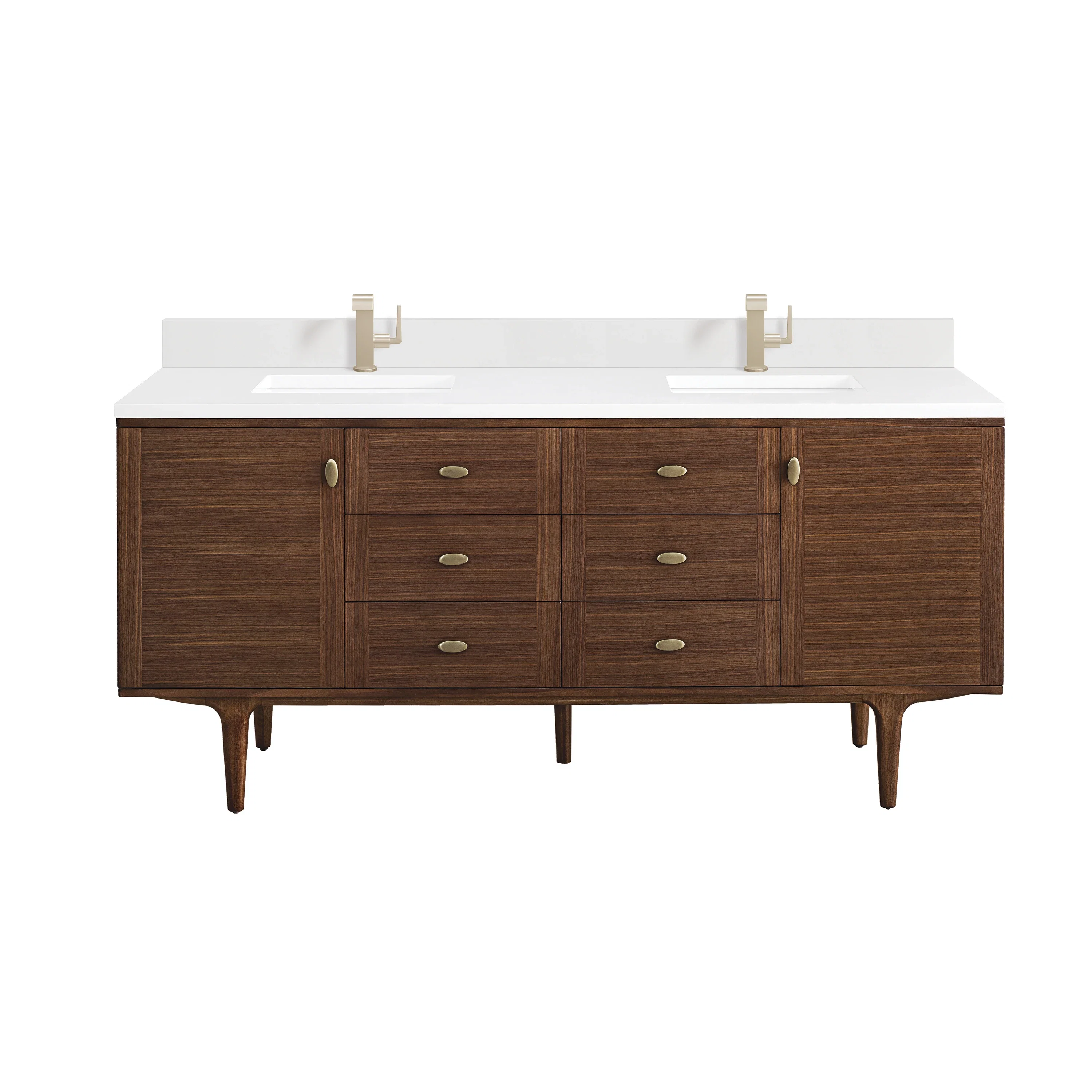 Amberly 72" Double Vanity, Mid-Century Walnut w/ Single Hole 3 CM White Zeus Top & Backsplash