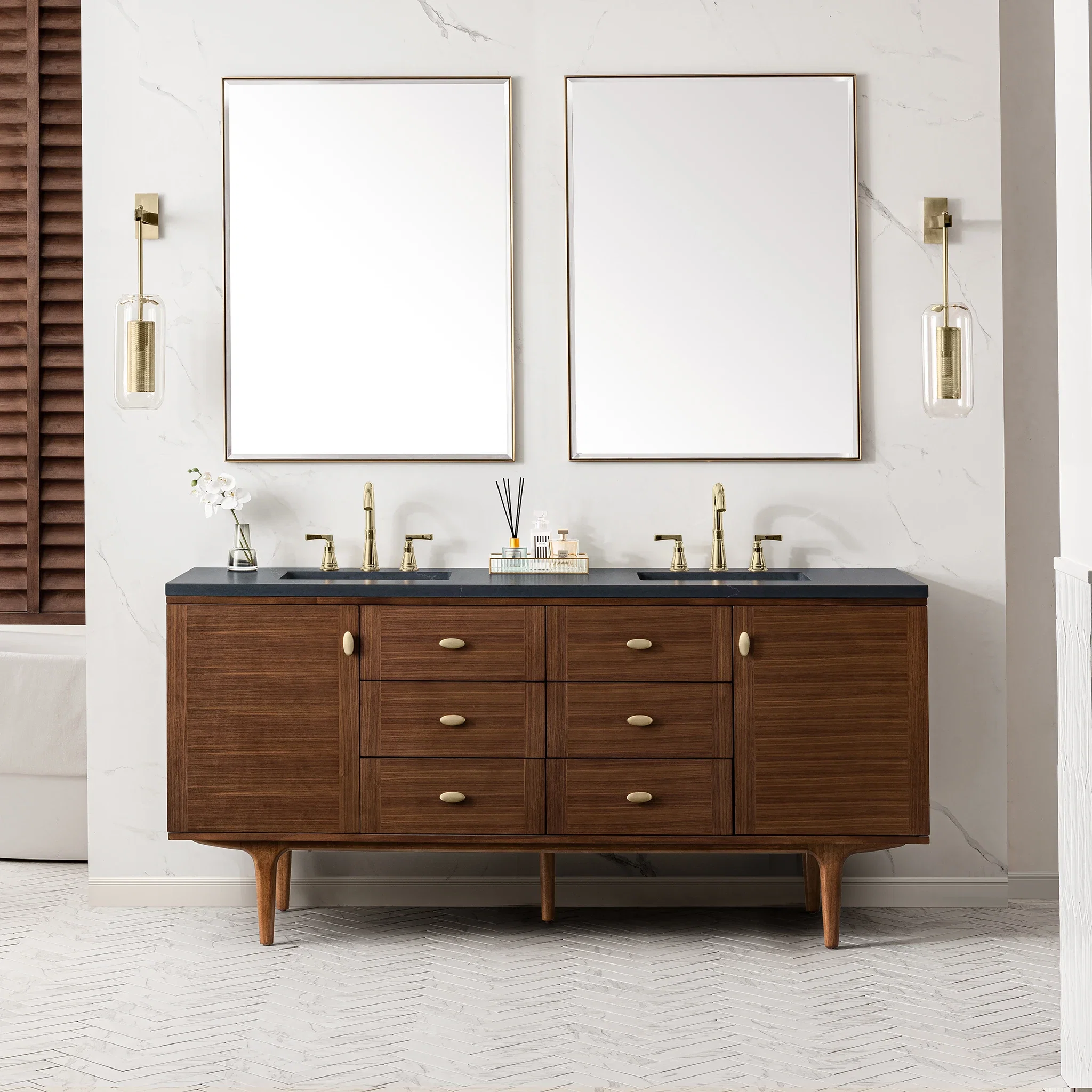 Amberly 72" Double Vanity, Mid-Century Walnut w/ 3 CM Charcoal Soapstone Top