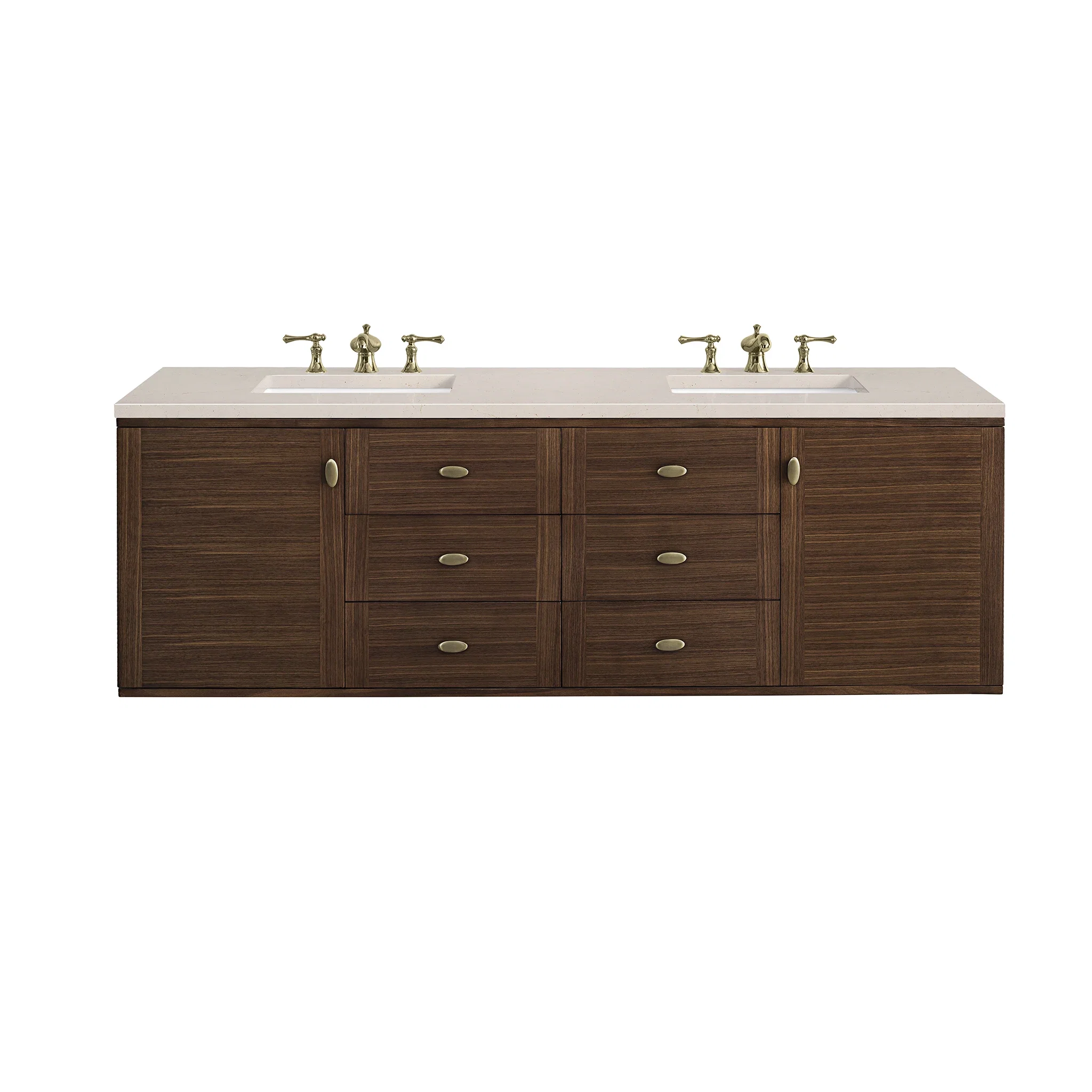 Amberly 72" Double Vanity, Mid-Century Walnut w/ 3 CM Eternal Marfil Top