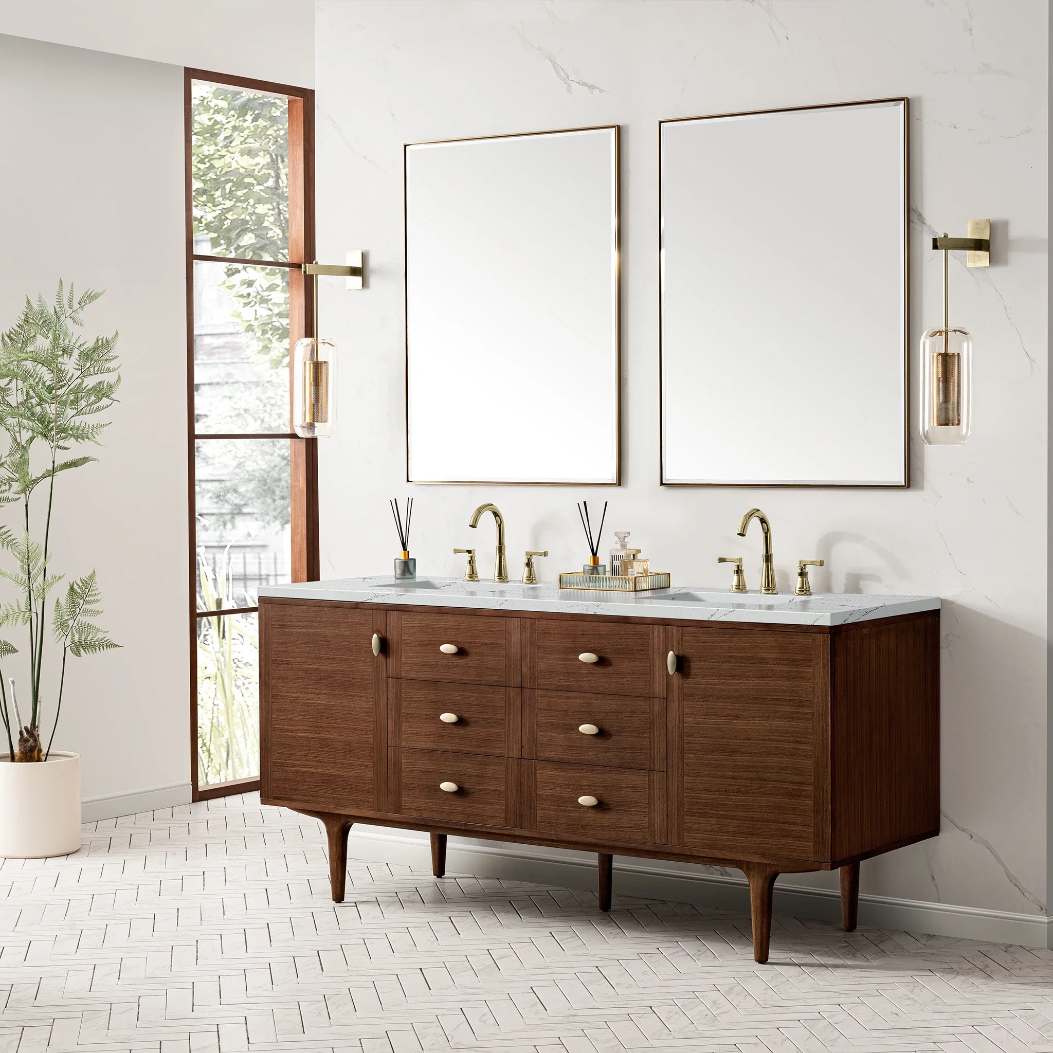 Amberly 72" Double Vanity, Mid-Century Walnut w/ 3 CM Ethereal Noctis Top
