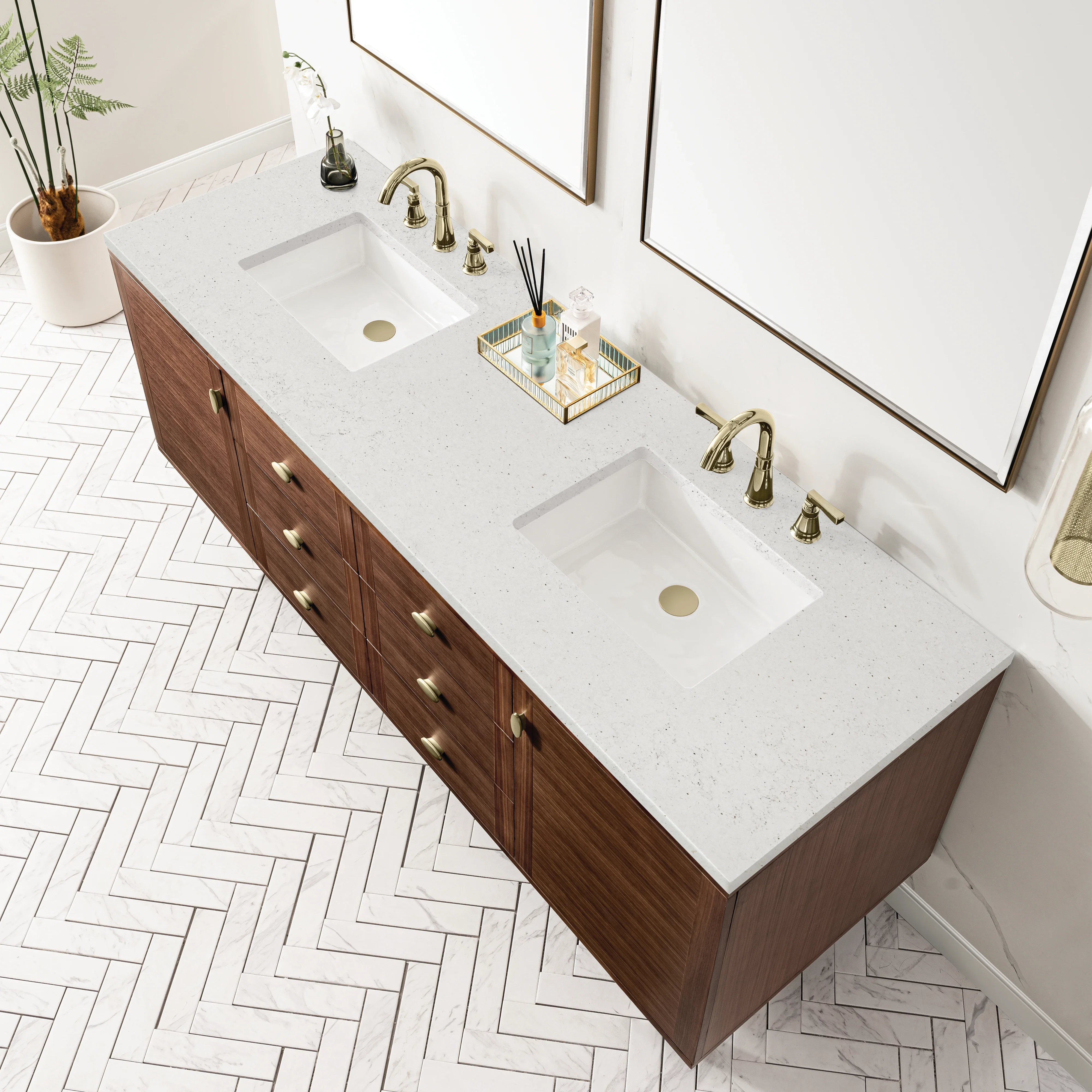 Amberly 72" Double Vanity, Mid-Century Walnut w/ 3 CM Lime Delight Top