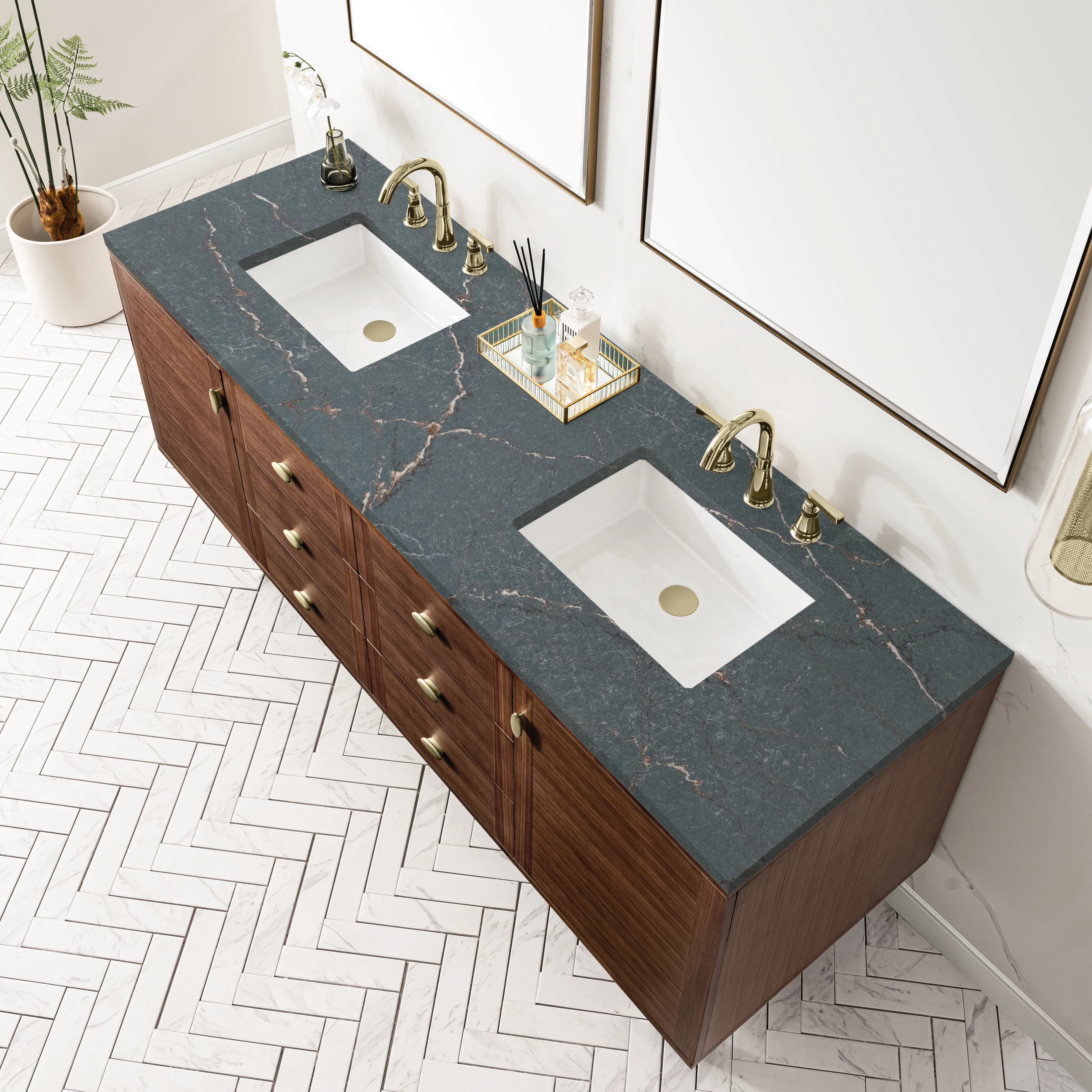 Amberly 72" Double Vanity, Mid-Century Walnut w/ 3 CM Parisien Bleu Top