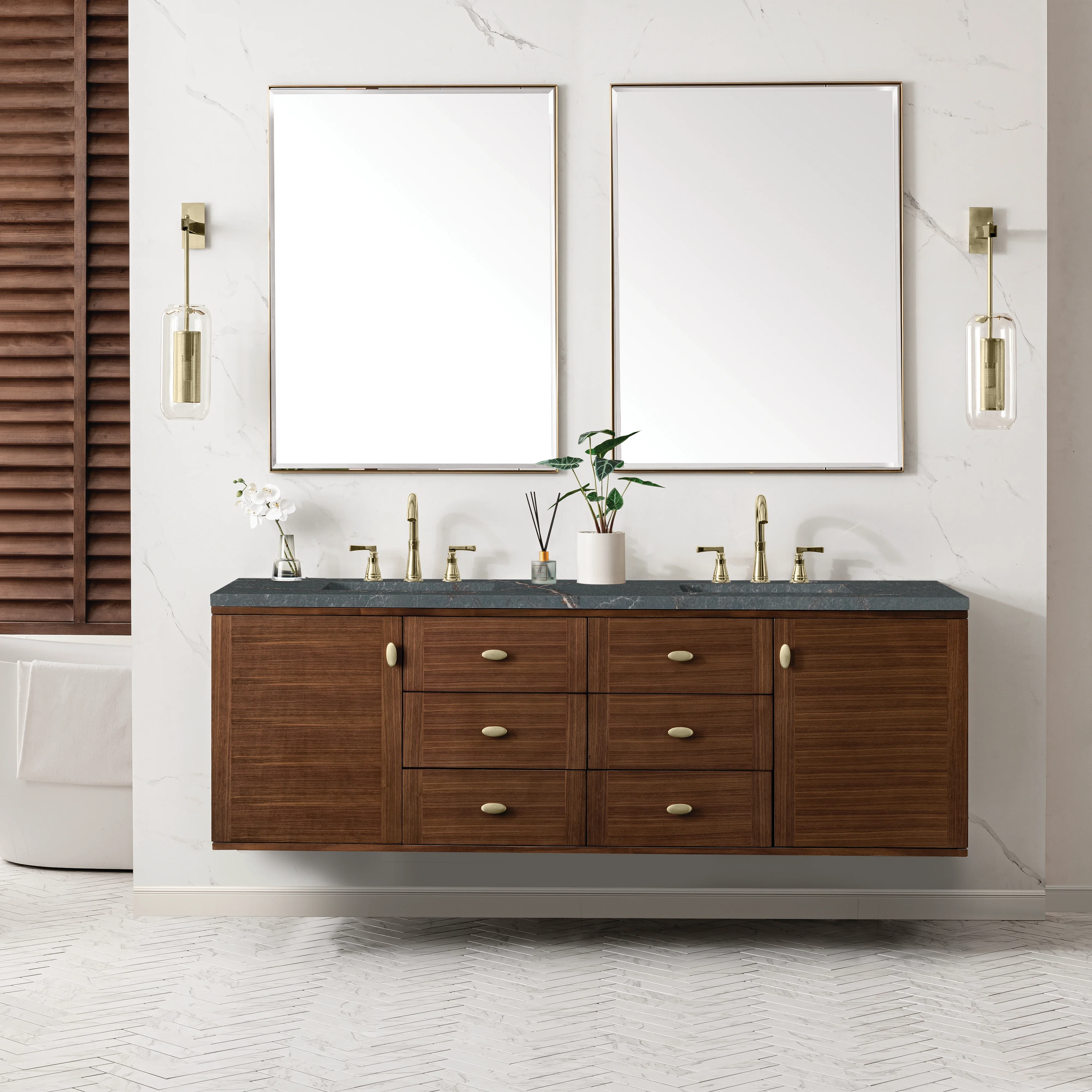 Amberly 72" Double Vanity, Mid-Century Walnut w/ 3 CM Parisien Bleu Top