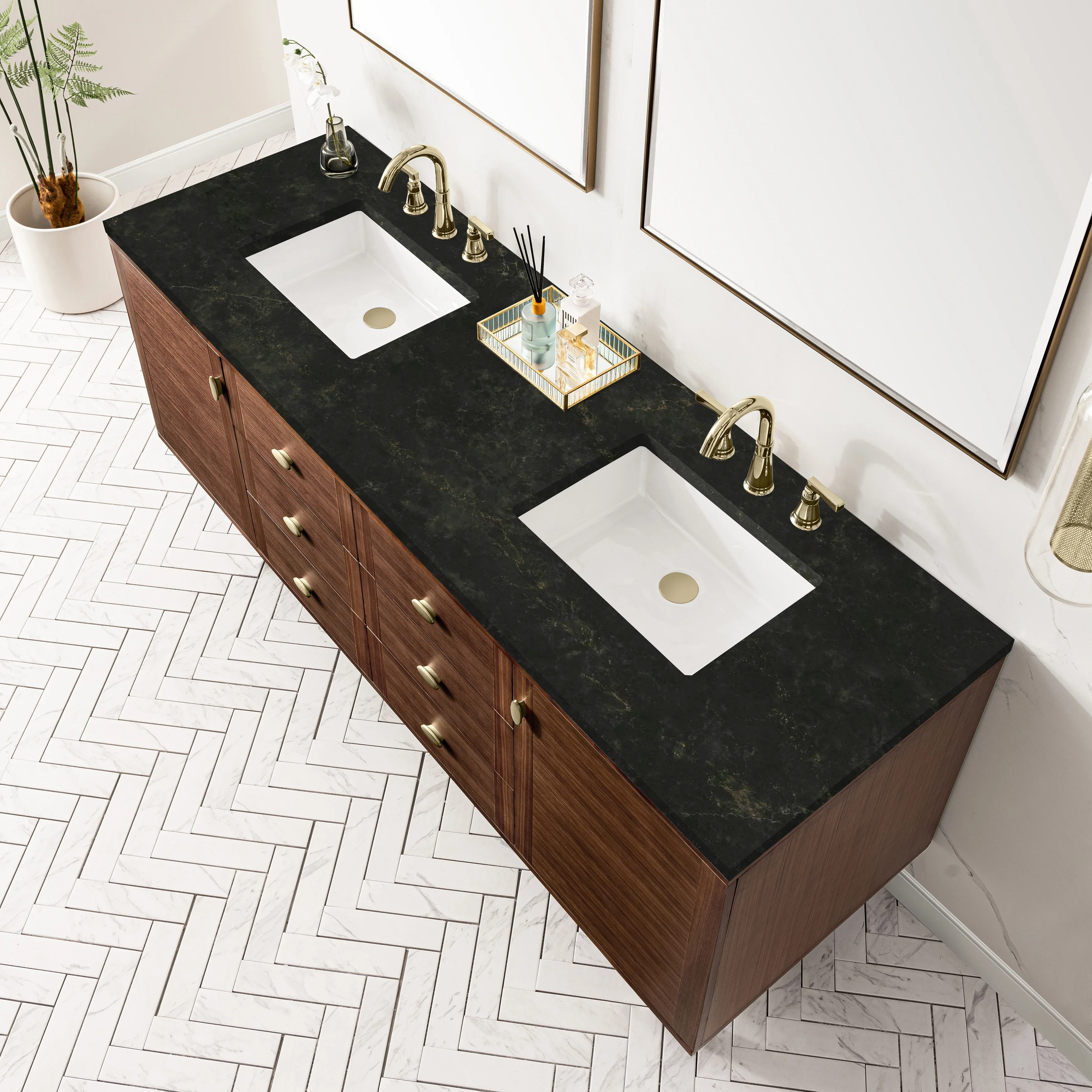 Amberly 72" Double Vanity, Mid-Century Walnut, w/ 3 CM Phantome Eclos Top