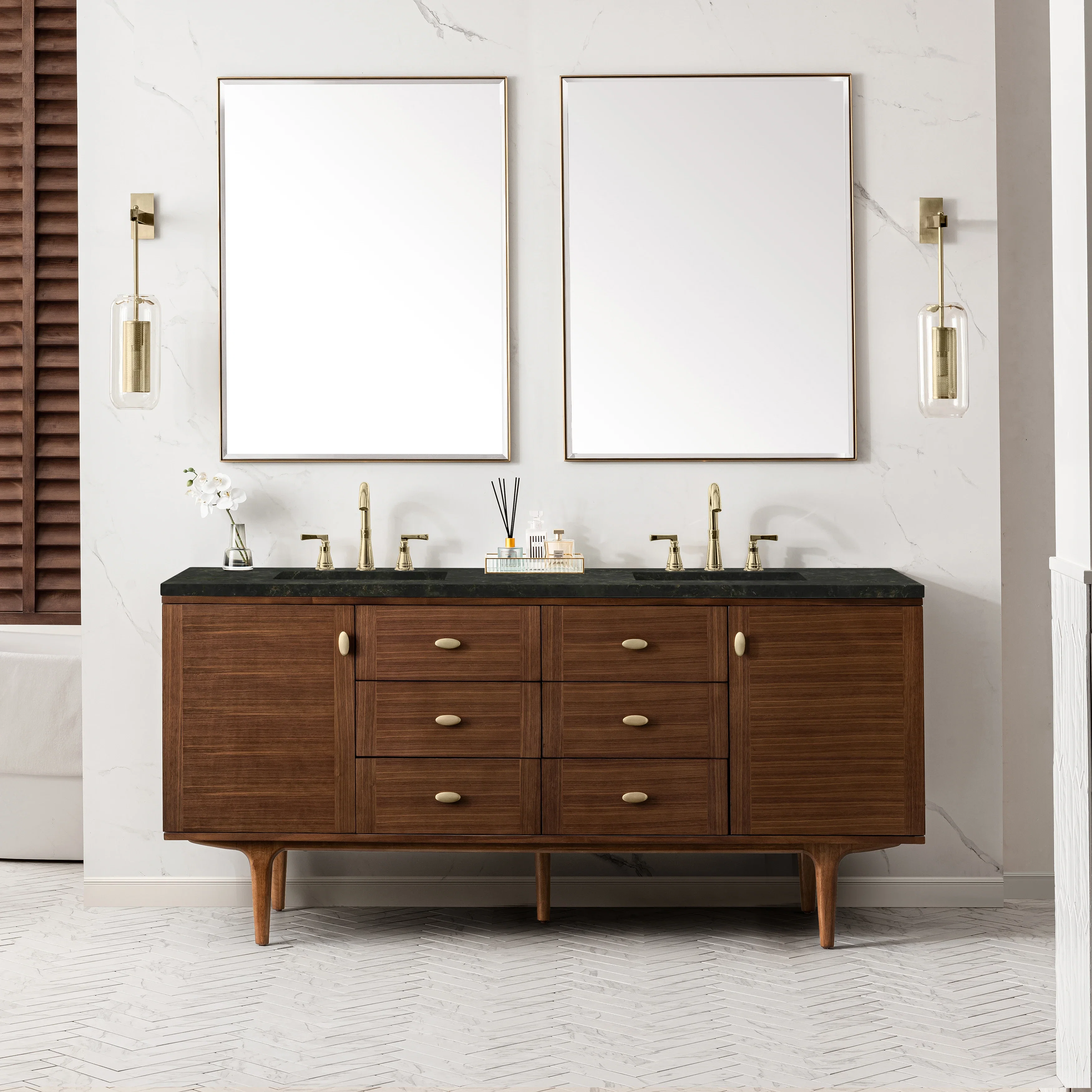 Amberly 72" Double Vanity, Mid-Century Walnut, w/ 3 CM Phantome Eclos Top