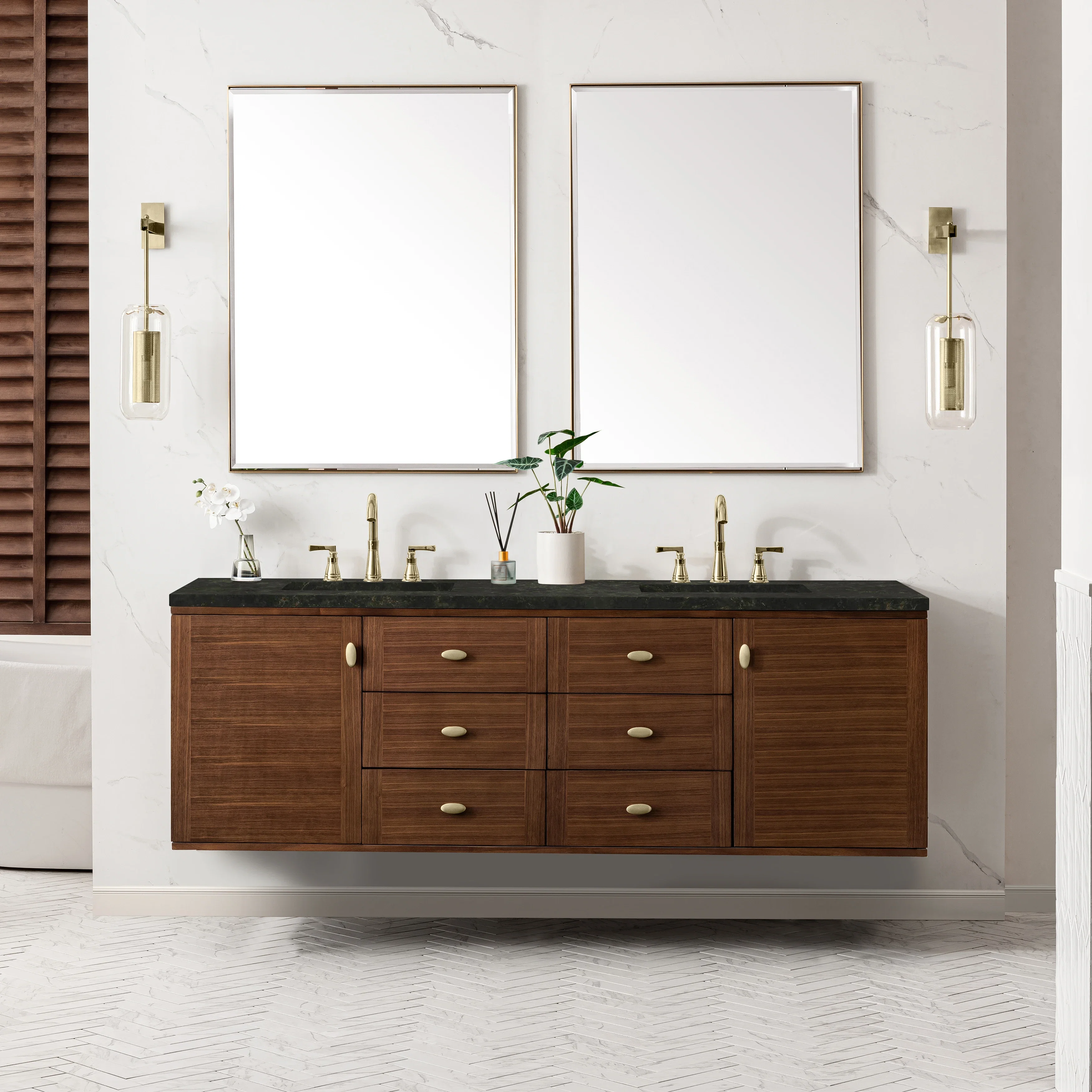 Amberly 72" Double Vanity, Mid-Century Walnut, w/ 3 CM Phantome Eclos Top
