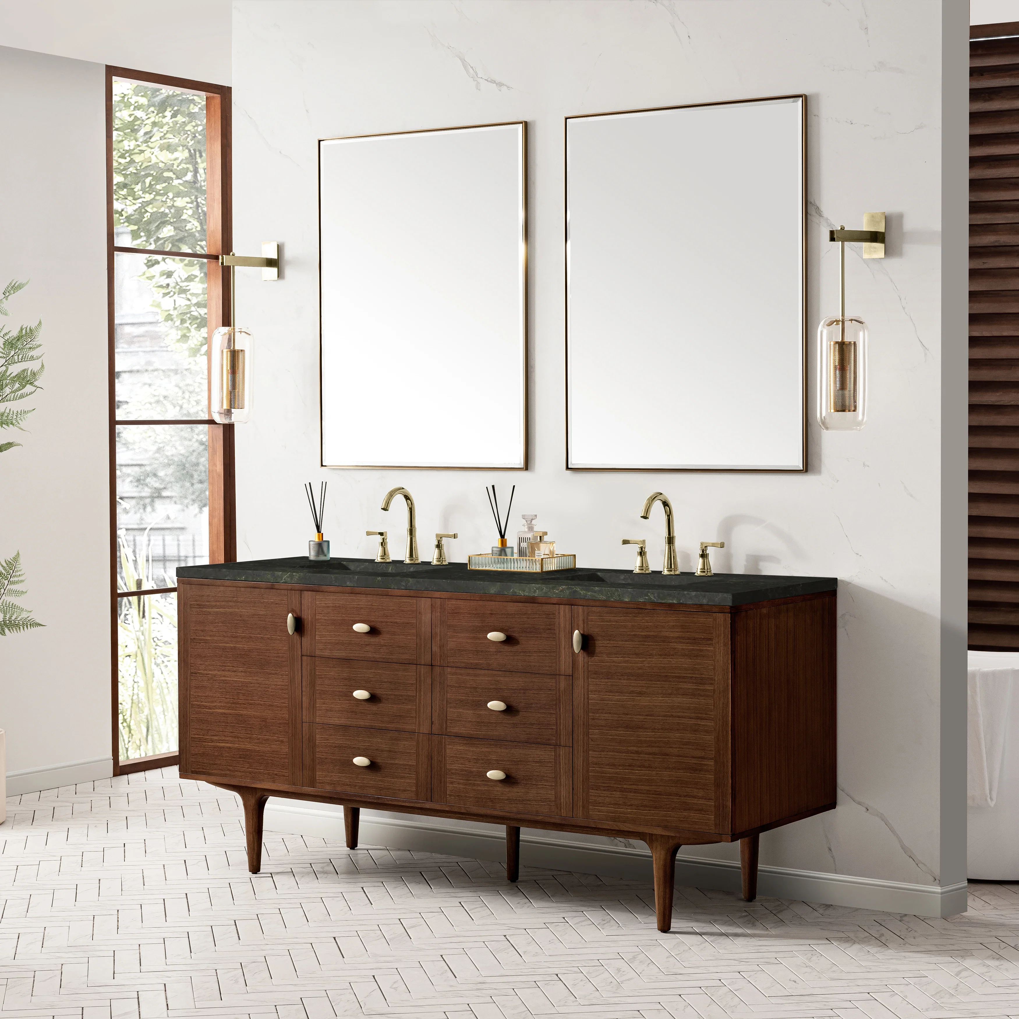 Amberly 72" Double Vanity, Mid-Century Walnut, w/ 3 CM Phantome Eclos Top