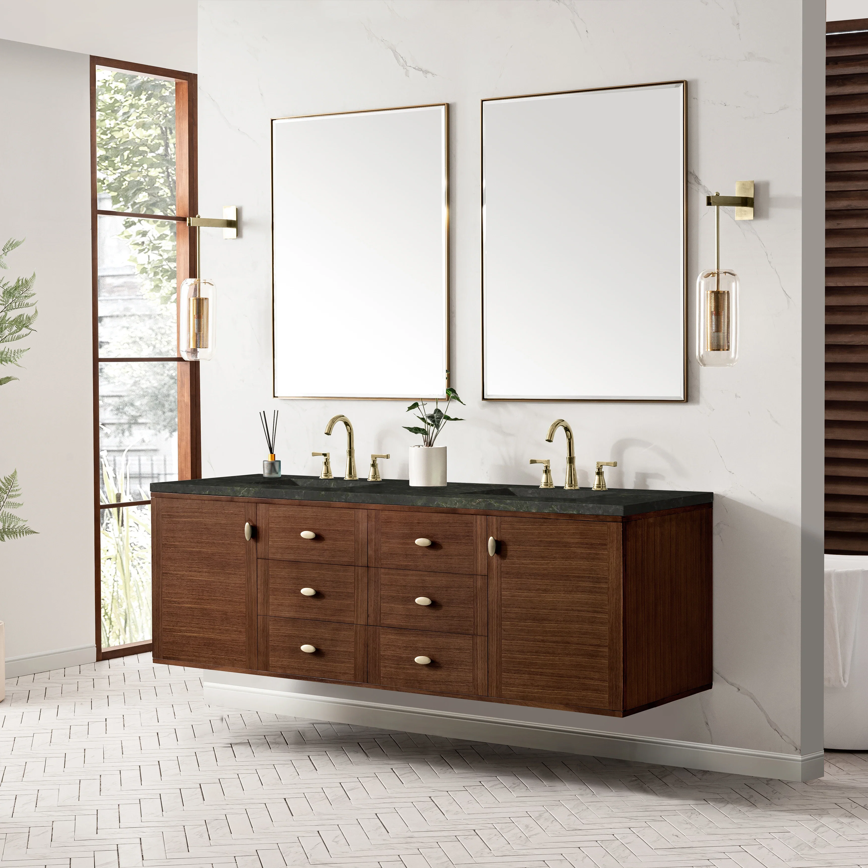 Amberly 72" Double Vanity, Mid-Century Walnut, w/ 3 CM Phantome Eclos Top