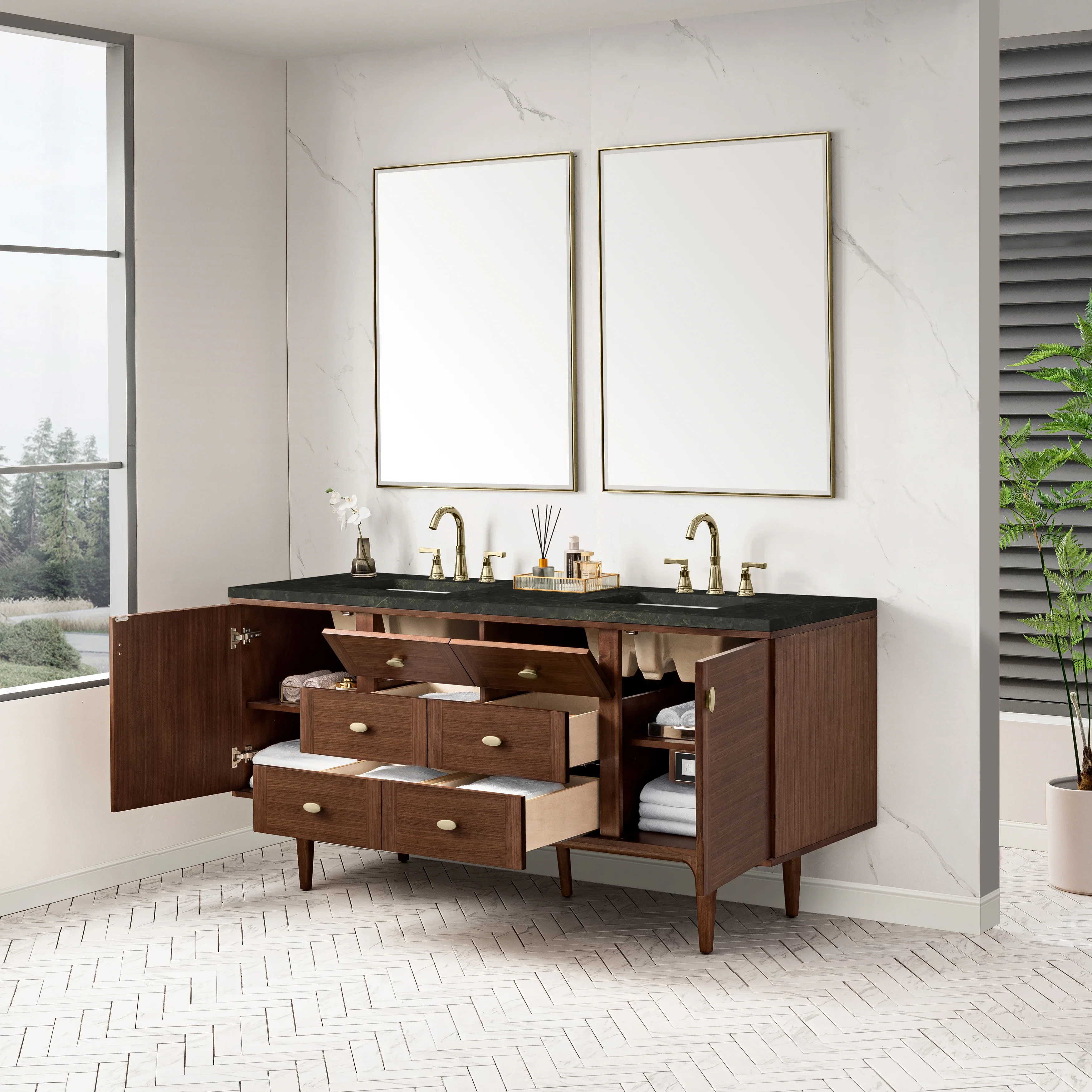 Amberly 72" Double Vanity, Mid-Century Walnut, w/ 3 CM Phantome Eclos Top