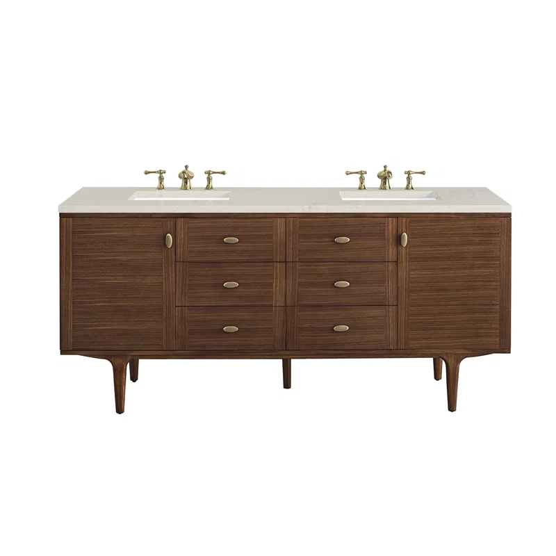 Amberly 72" Double Vanity, Mid-Century Walnut, w/ 3 CM Siberian Silestone Top
