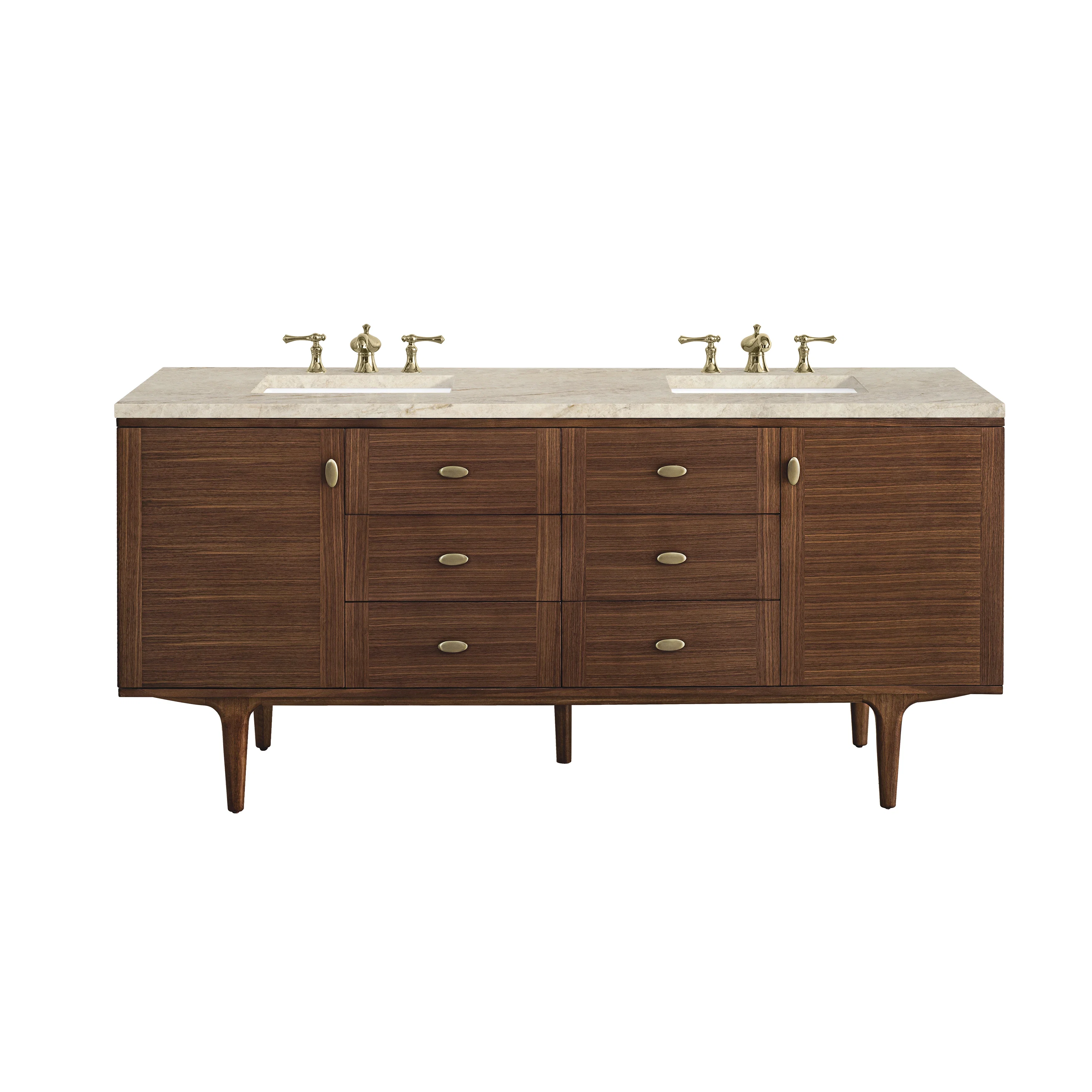 Amberly 72" Double Vanity, Mid-Century Walnut, w/ 3 CM Tajnar Eclos Top