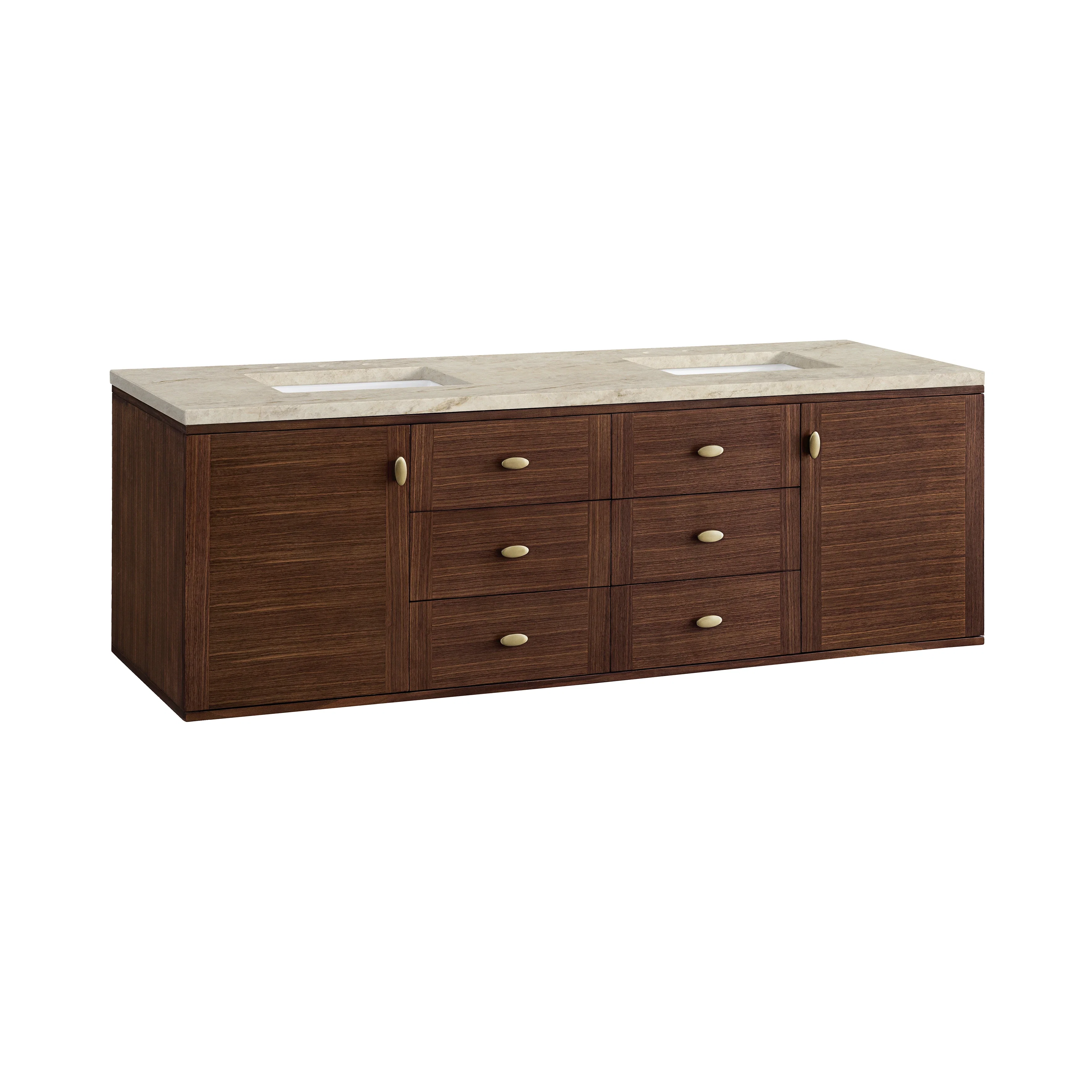 Amberly 72" Double Vanity, Mid-Century Walnut, w/ 3 CM Tajnar Eclos Top