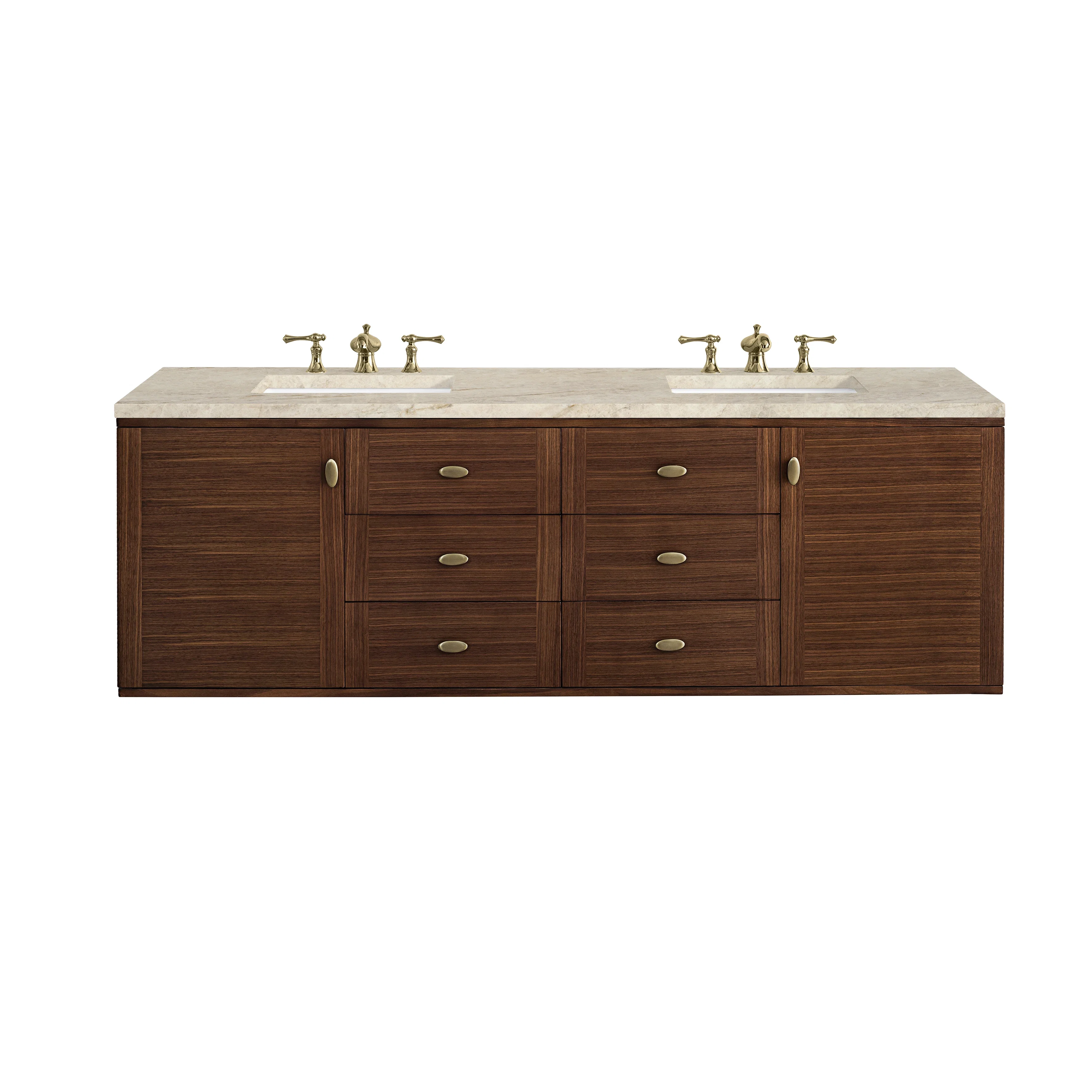 Amberly 72" Double Vanity, Mid-Century Walnut, w/ 3 CM Tajnar Eclos Top