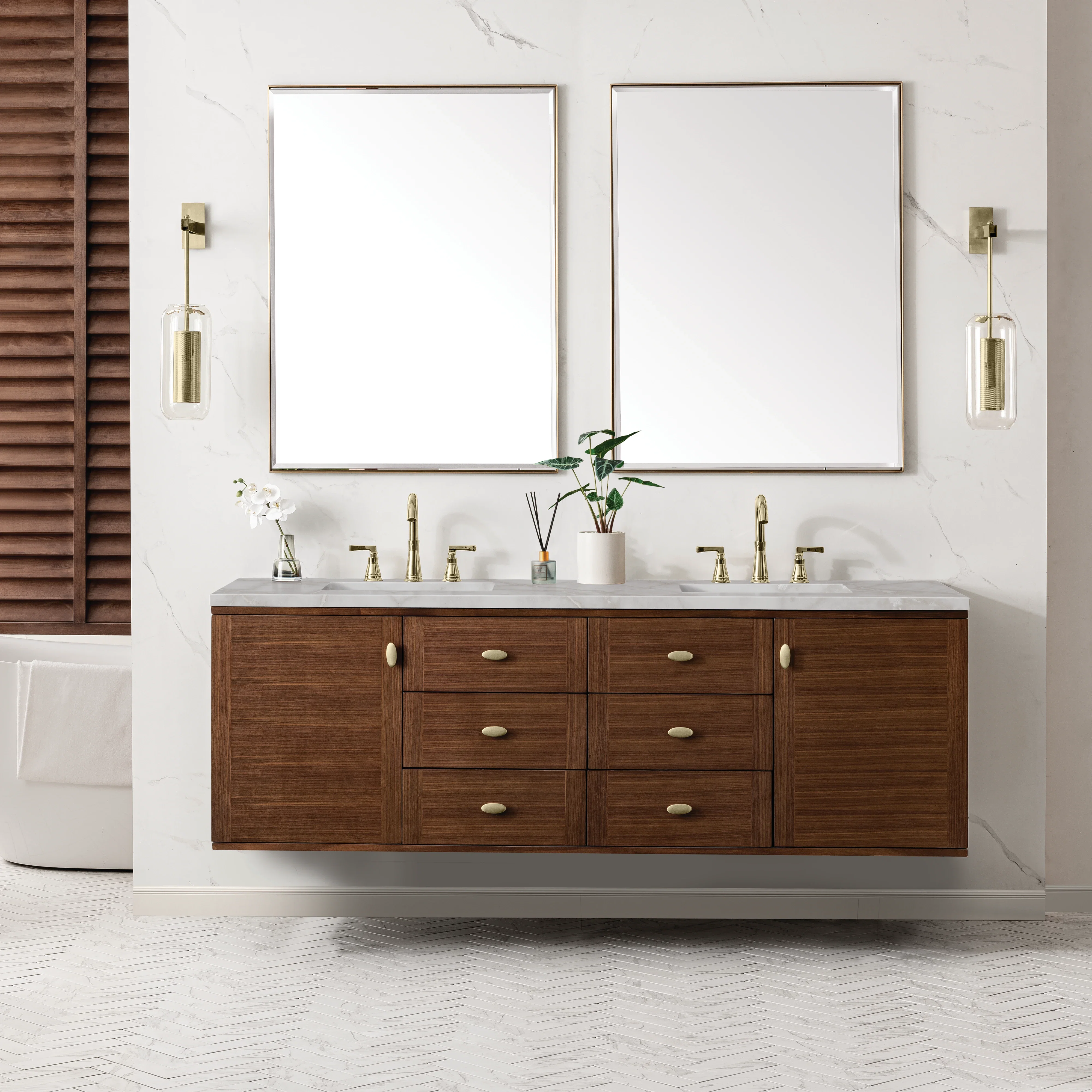 Amberly 72" Double Vanity, Mid-Century Walnut w/ 3 CM Victorian Silver Top