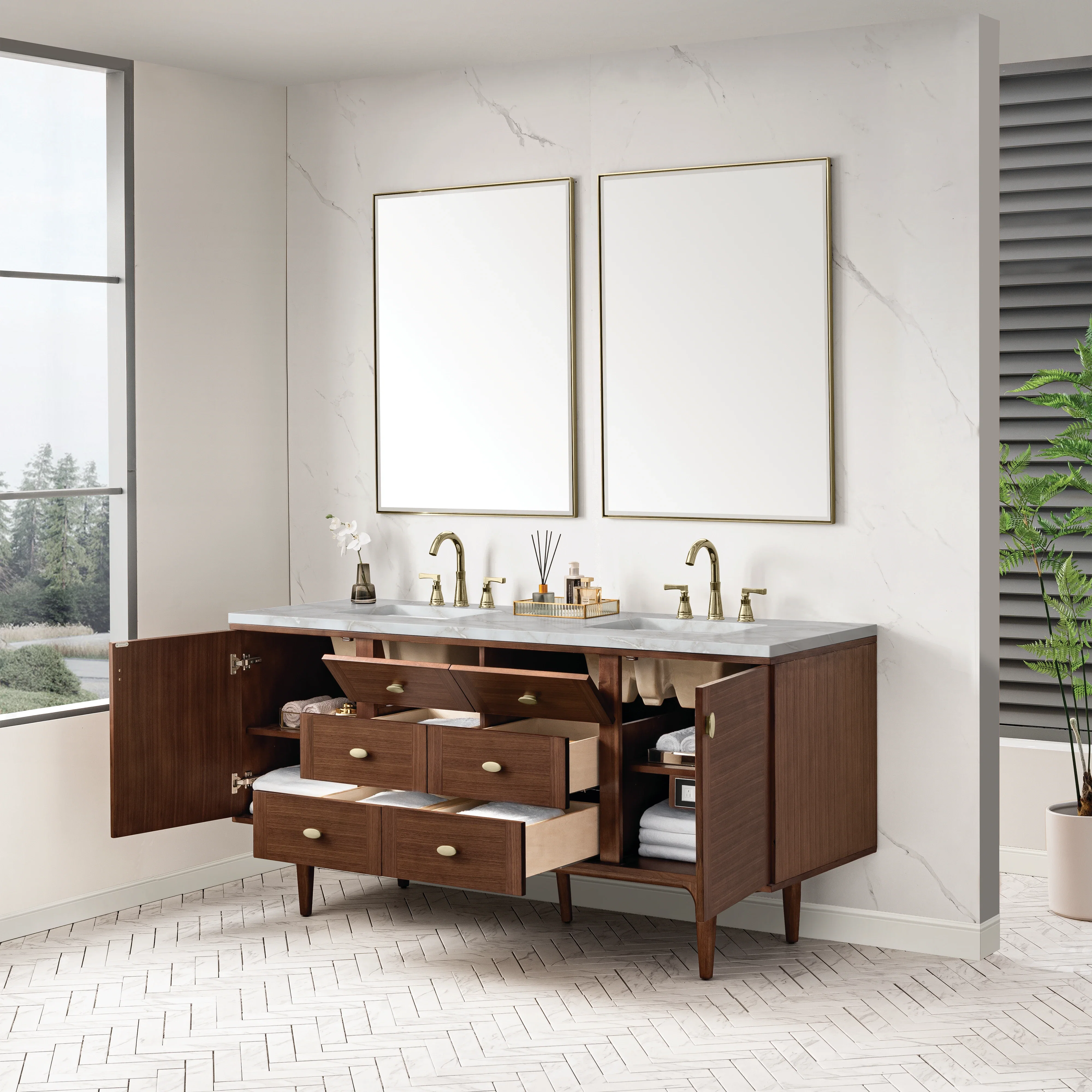 Amberly 72" Double Vanity, Mid-Century Walnut w/ 3 CM Victorian Silver Top