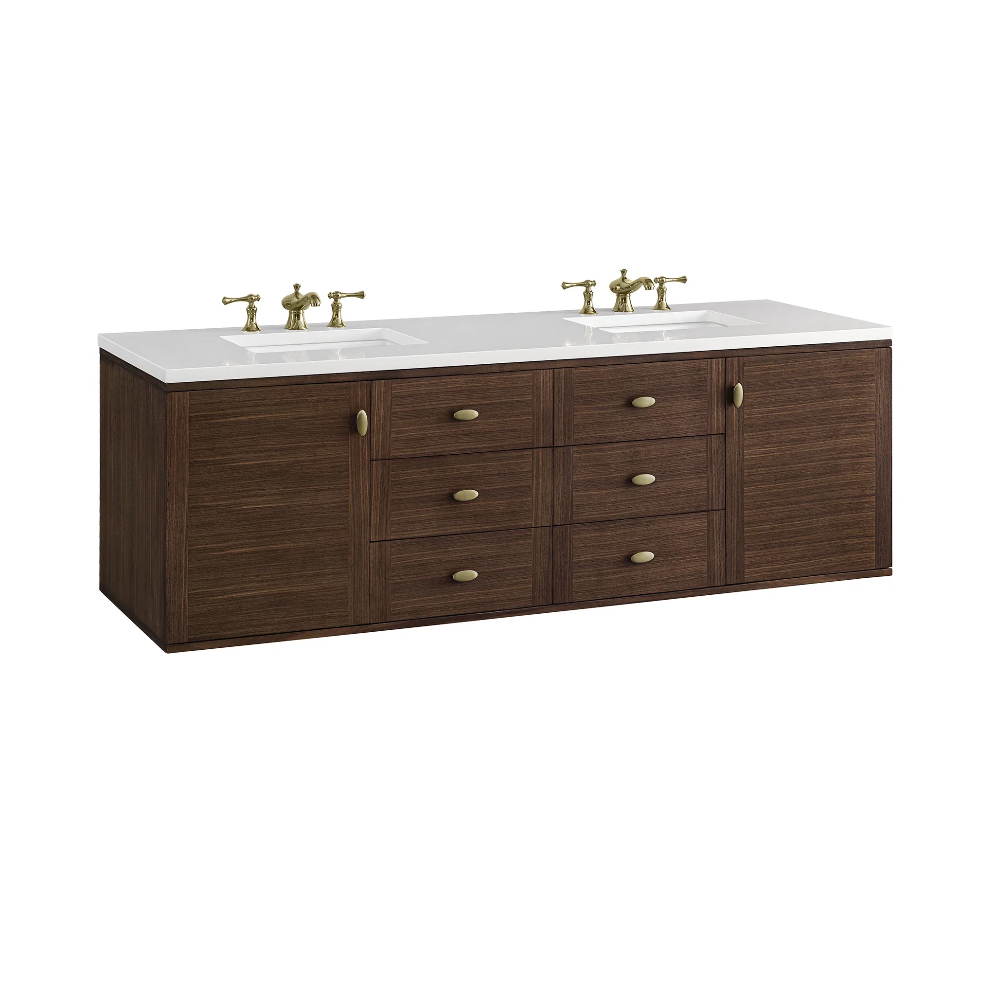 Amberly 72" Double Vanity, Mid-Century Walnut w/ 3 CM White Zeus Top