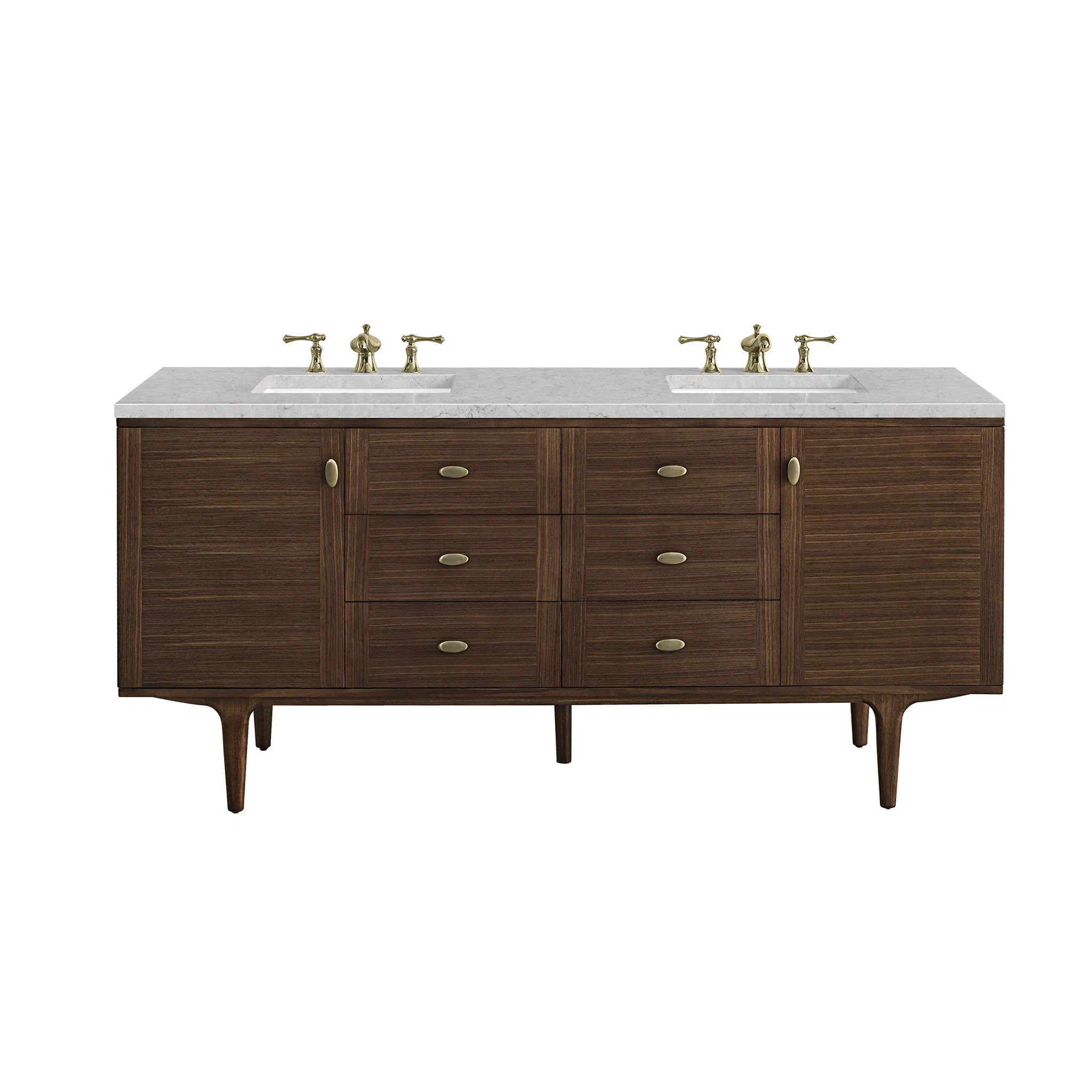 Amberly 72" Double Vanity, Mid-Century Walnut w/ 3 CM Eternal Jasmine Pearl Top w/FreePower Wireless Charger