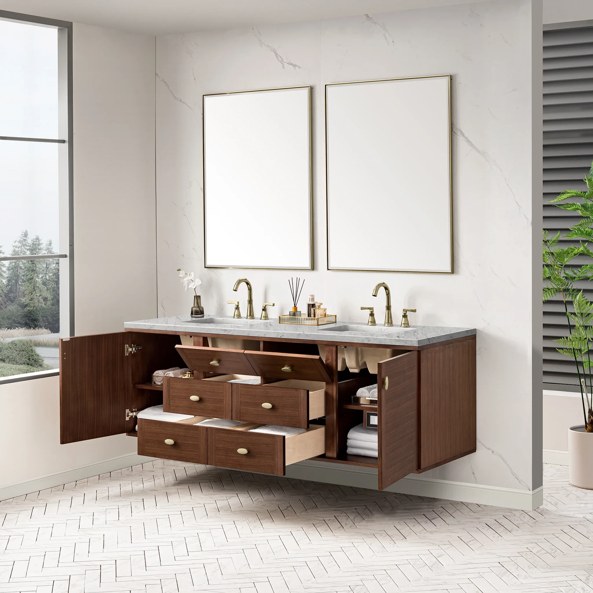 Amberly 72" Double Vanity, Mid-Century Walnut w/ 3 CM Eternal Jasmine Pearl Top w/FreePower Wireless Charger
