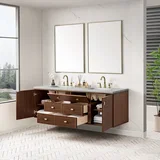 Amberly 72" Double Vanity, Mid-Century Walnut w/ 3 CM Eternal Jasmine Pearl Top w/FreePower Wireless Charger