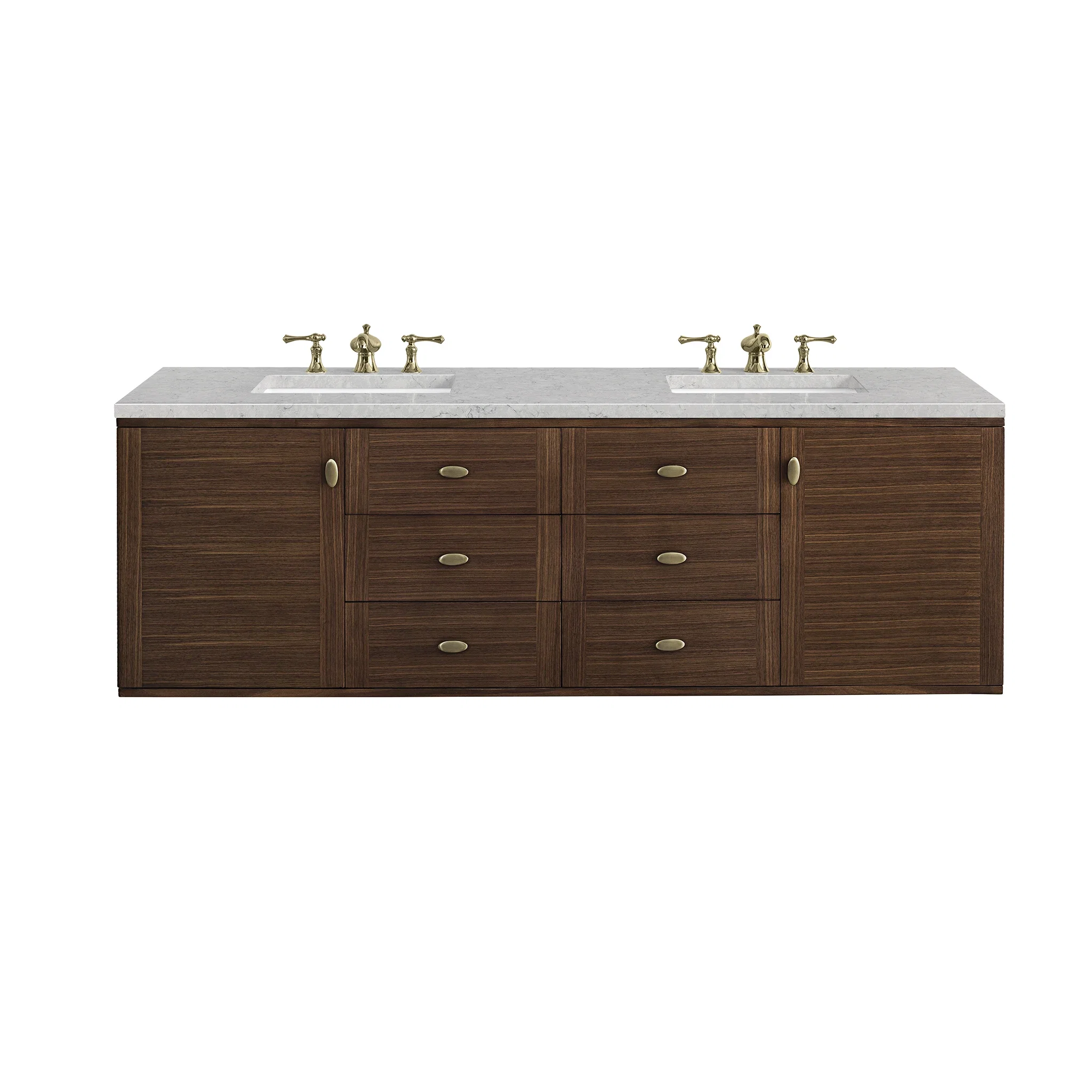 Amberly 72" Double Vanity, Mid-Century Walnut w/ 3 CM Eternal Jasmine Pearl Top w/FreePower Wireless Charger