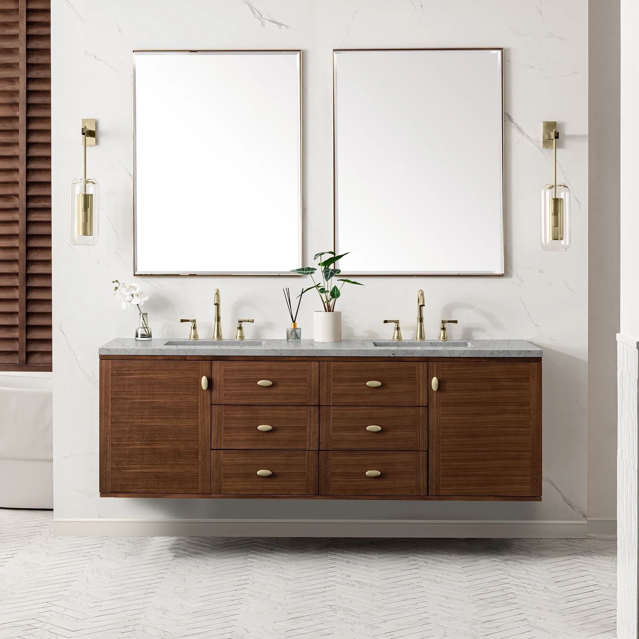 Amberly 72" Double Vanity, Mid-Century Walnut w/ 3 CM Eternal Jasmine Pearl Top w/FreePower Wireless Charger