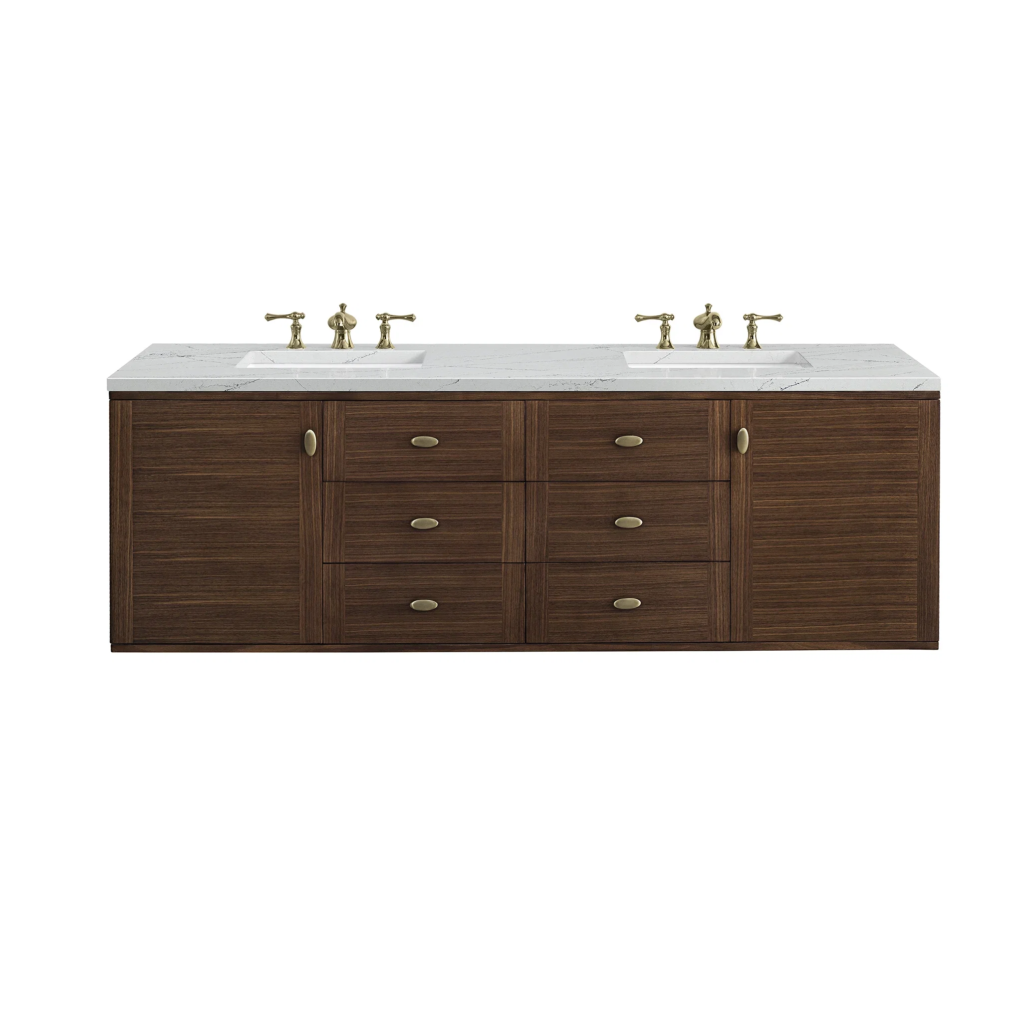 Amberly 72" Double Vanity, Mid-Century Walnut w/ 3 CM Ethereal Noctis Top w/FreePower Wireless Charger