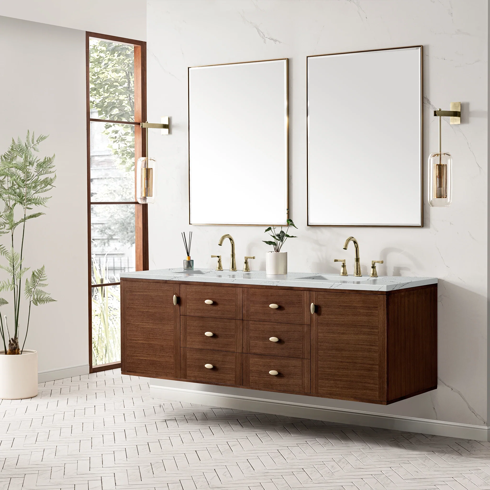 Amberly 72" Double Vanity, Mid-Century Walnut w/ 3 CM Ethereal Noctis Top w/FreePower Wireless Charger