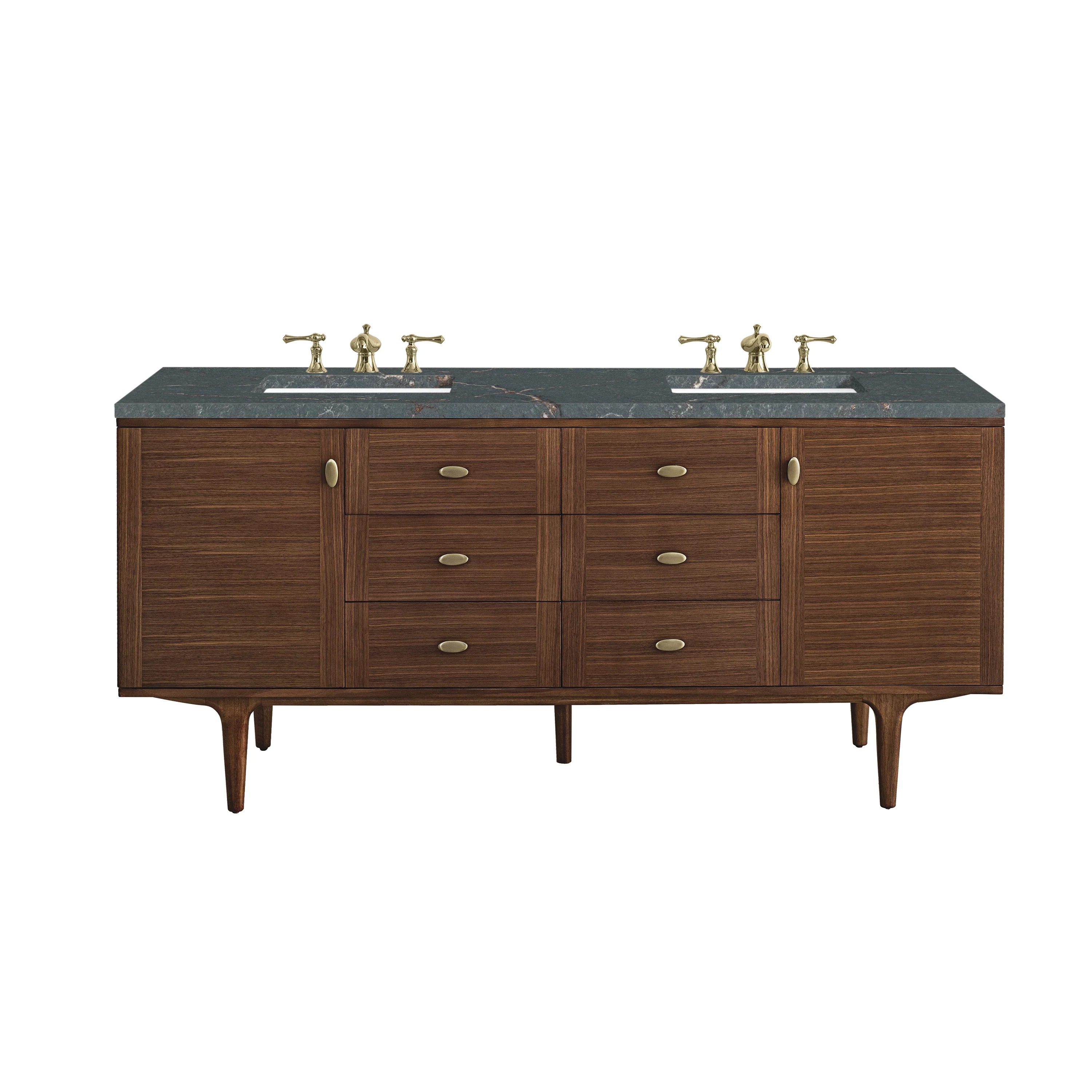Amberly 72" Double Vanity, Mid-Century Walnut w/ 3 CM Parisien Bleu Top w/FreePower Wireless Charger