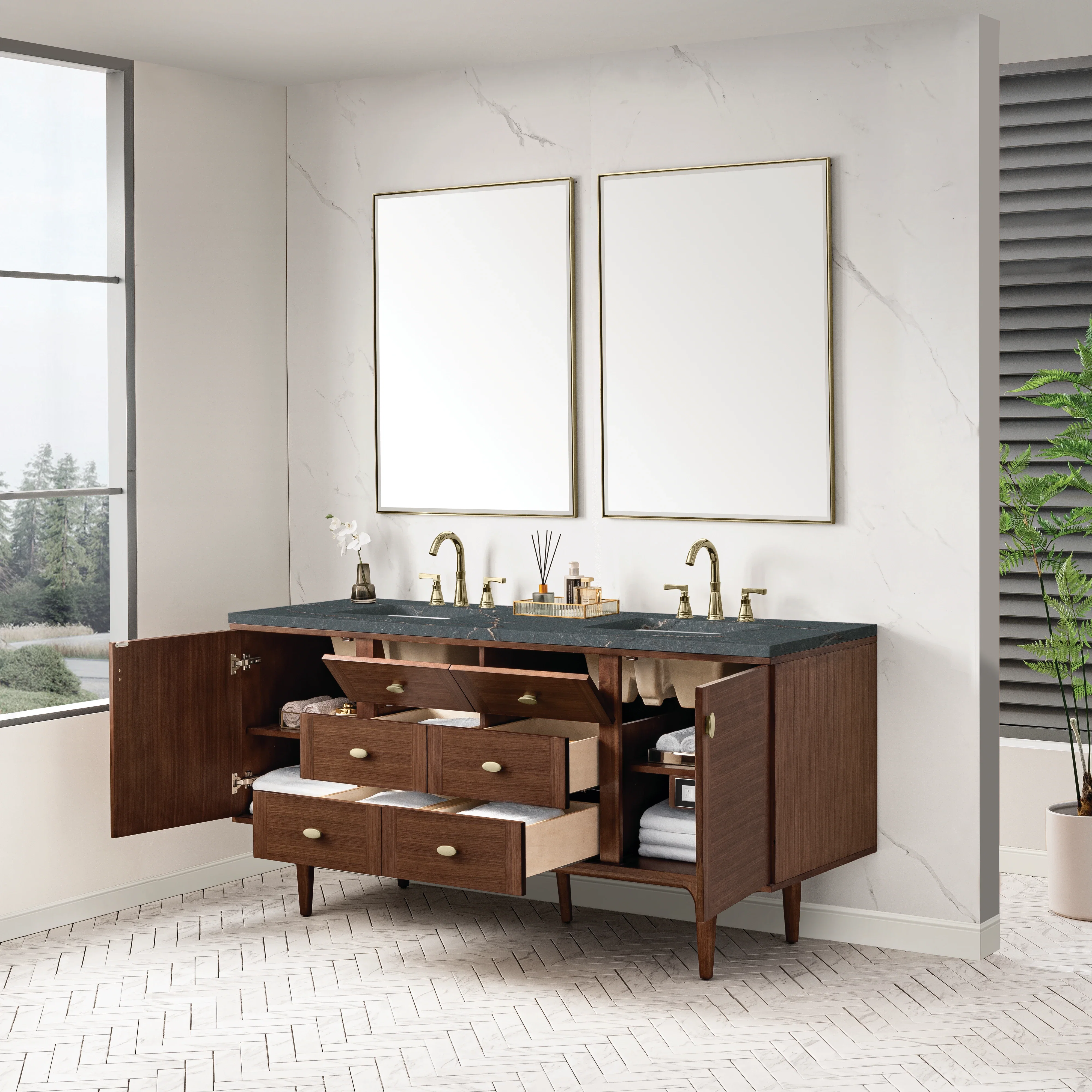 Amberly 72" Double Vanity, Mid-Century Walnut w/ 3 CM Parisien Bleu Top w/FreePower Wireless Charger