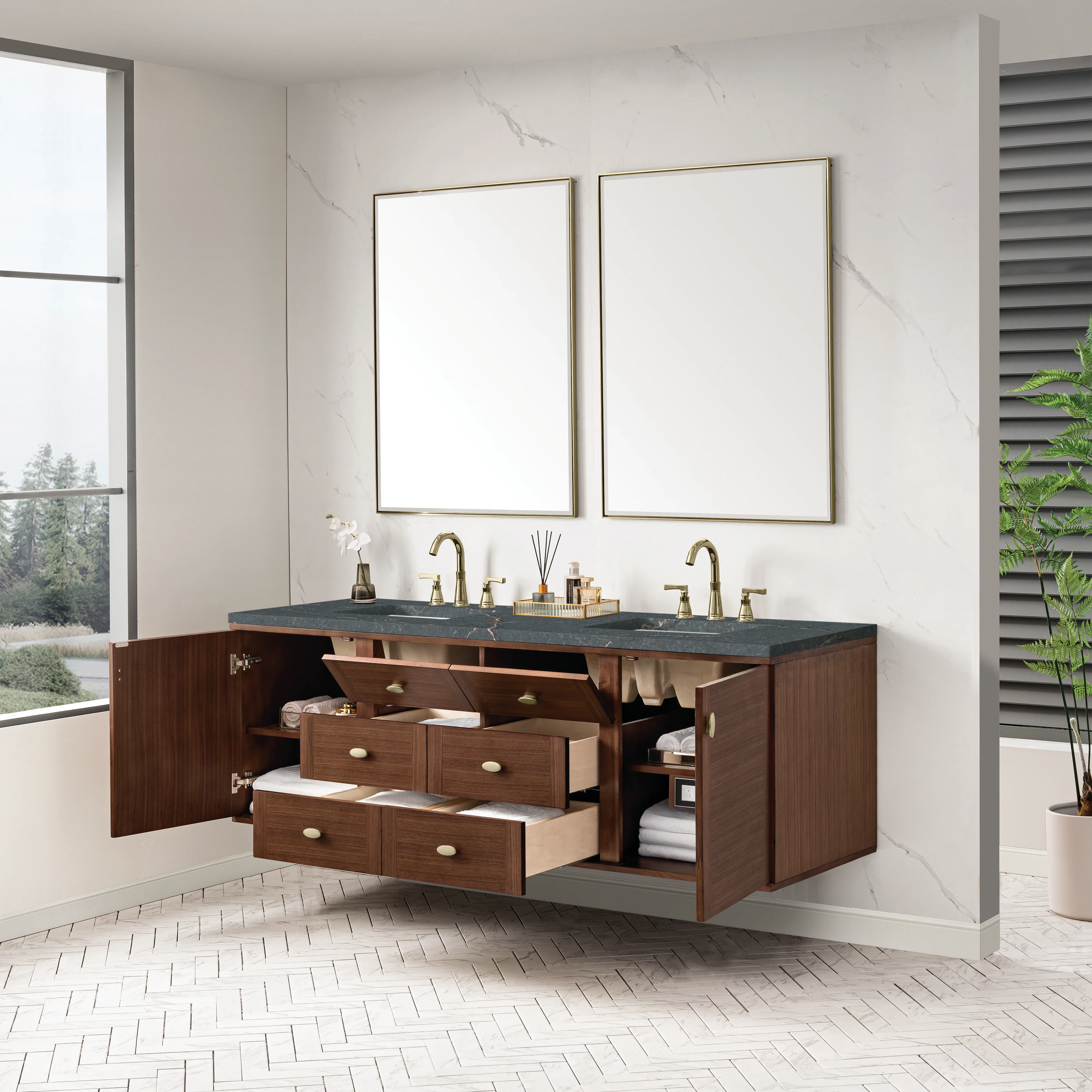 Amberly 72" Double Vanity, Mid-Century Walnut w/ 3 CM Parisien Bleu Top w/FreePower Wireless Charger