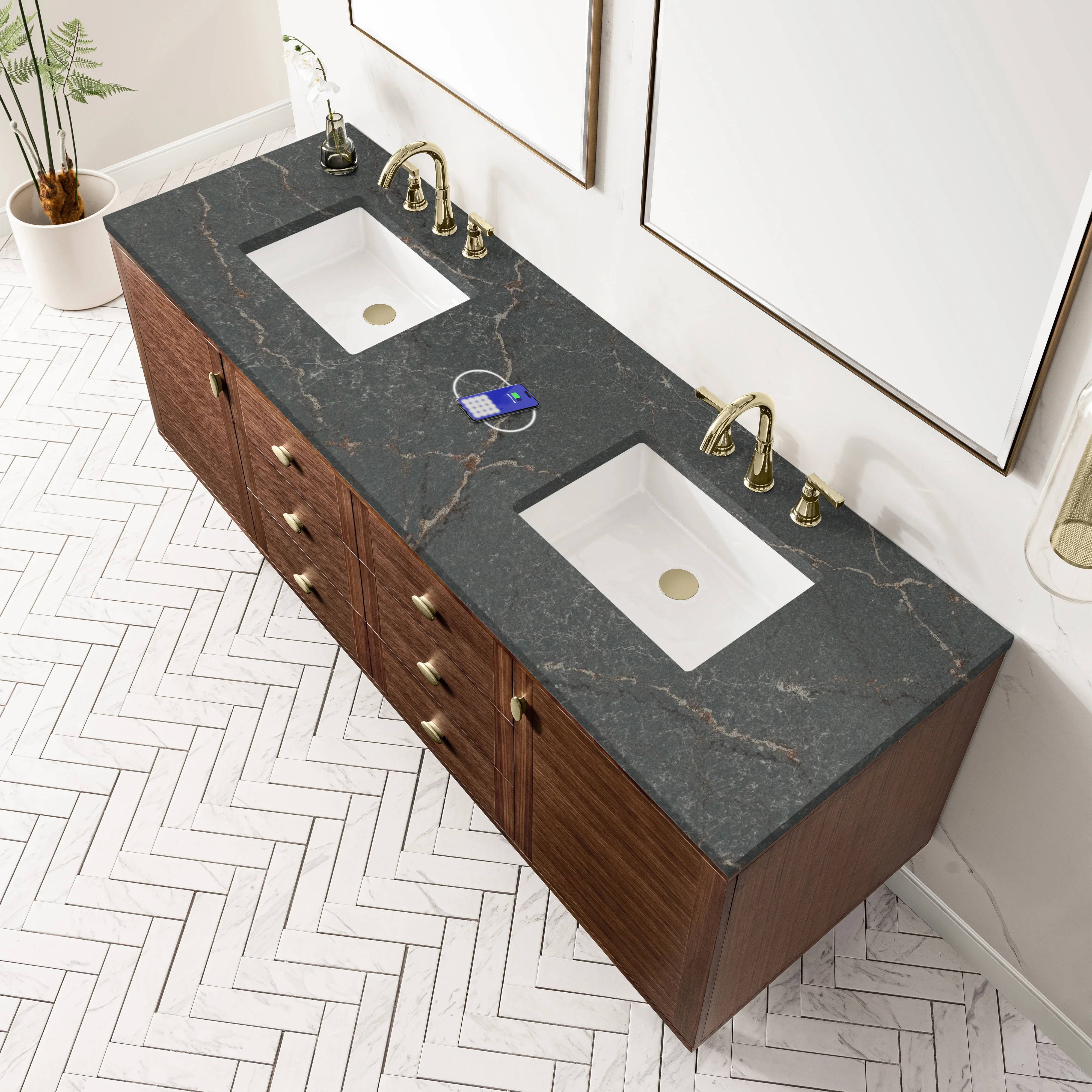 Amberly 72" Double Vanity, Mid-Century Walnut w/ 3 CM Parisien Bleu Top w/FreePower Wireless Charger