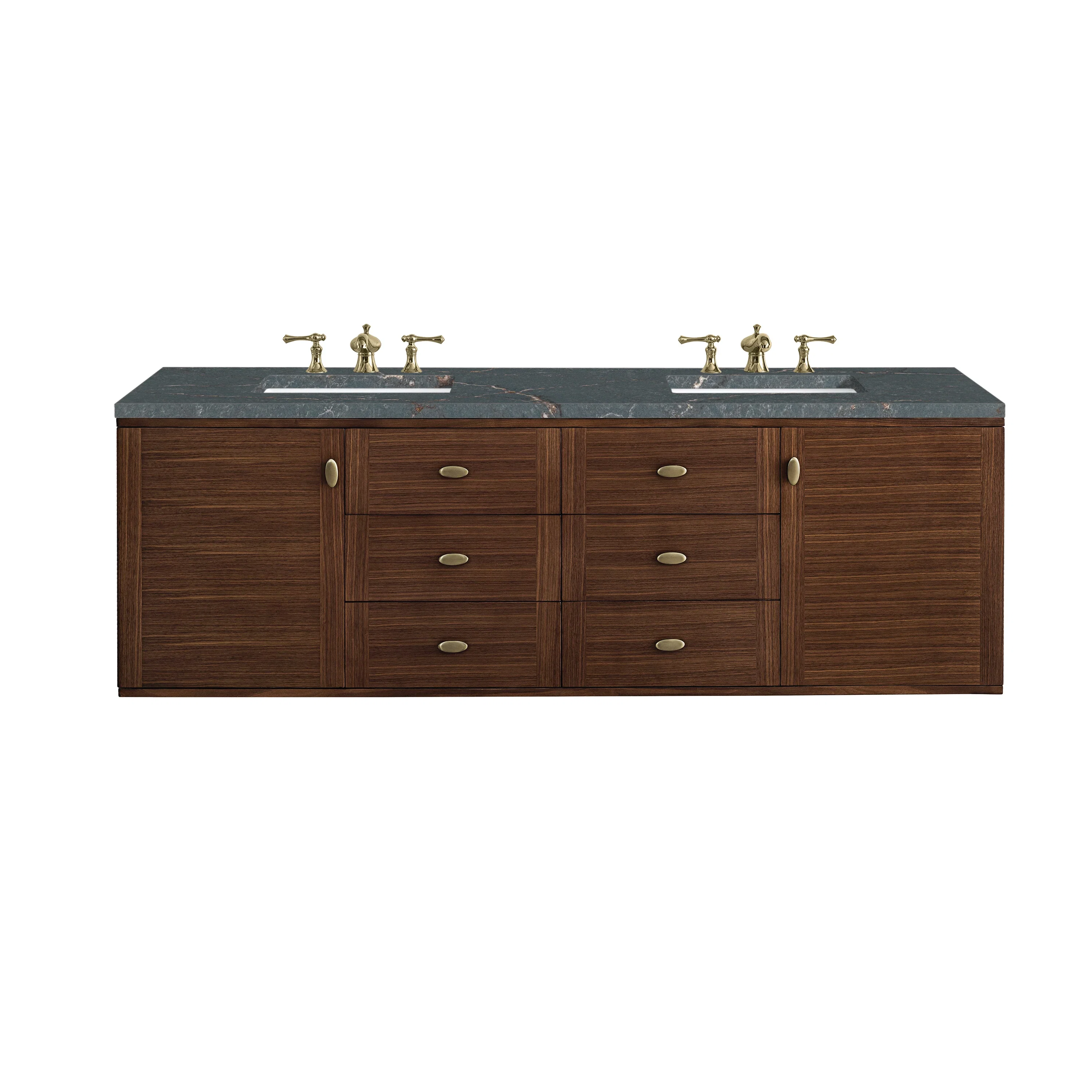 Amberly 72" Double Vanity, Mid-Century Walnut w/ 3 CM Parisien Bleu Top w/FreePower Wireless Charger
