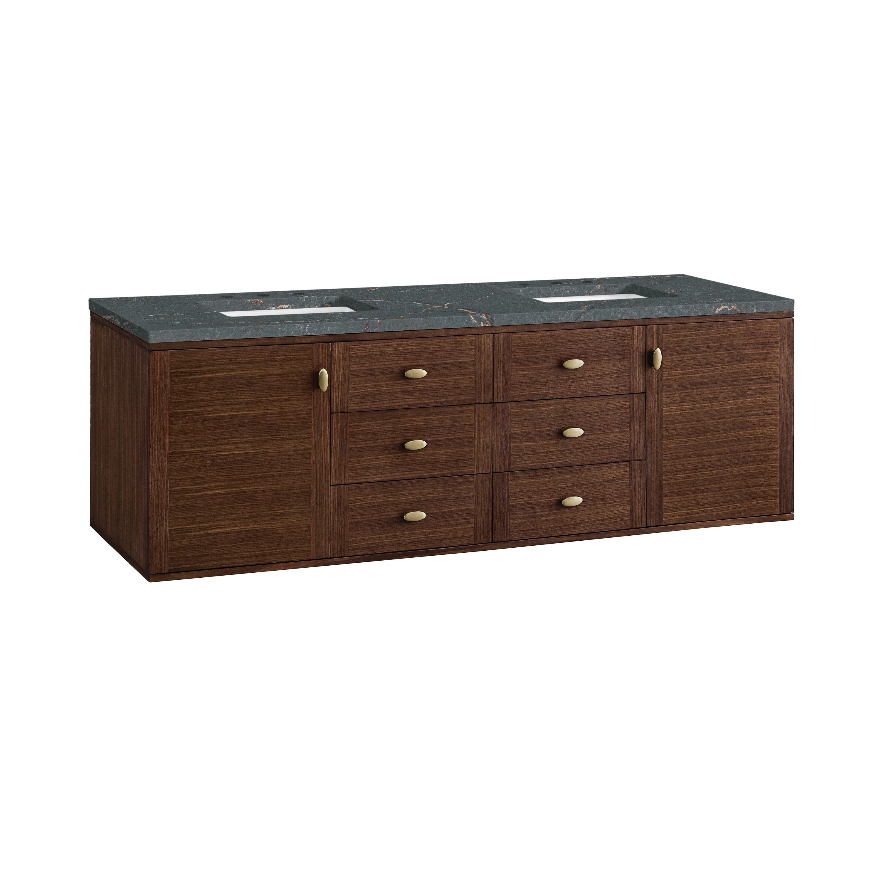 Amberly 72" Double Vanity, Mid-Century Walnut w/ 3 CM Parisien Bleu Top w/FreePower Wireless Charger