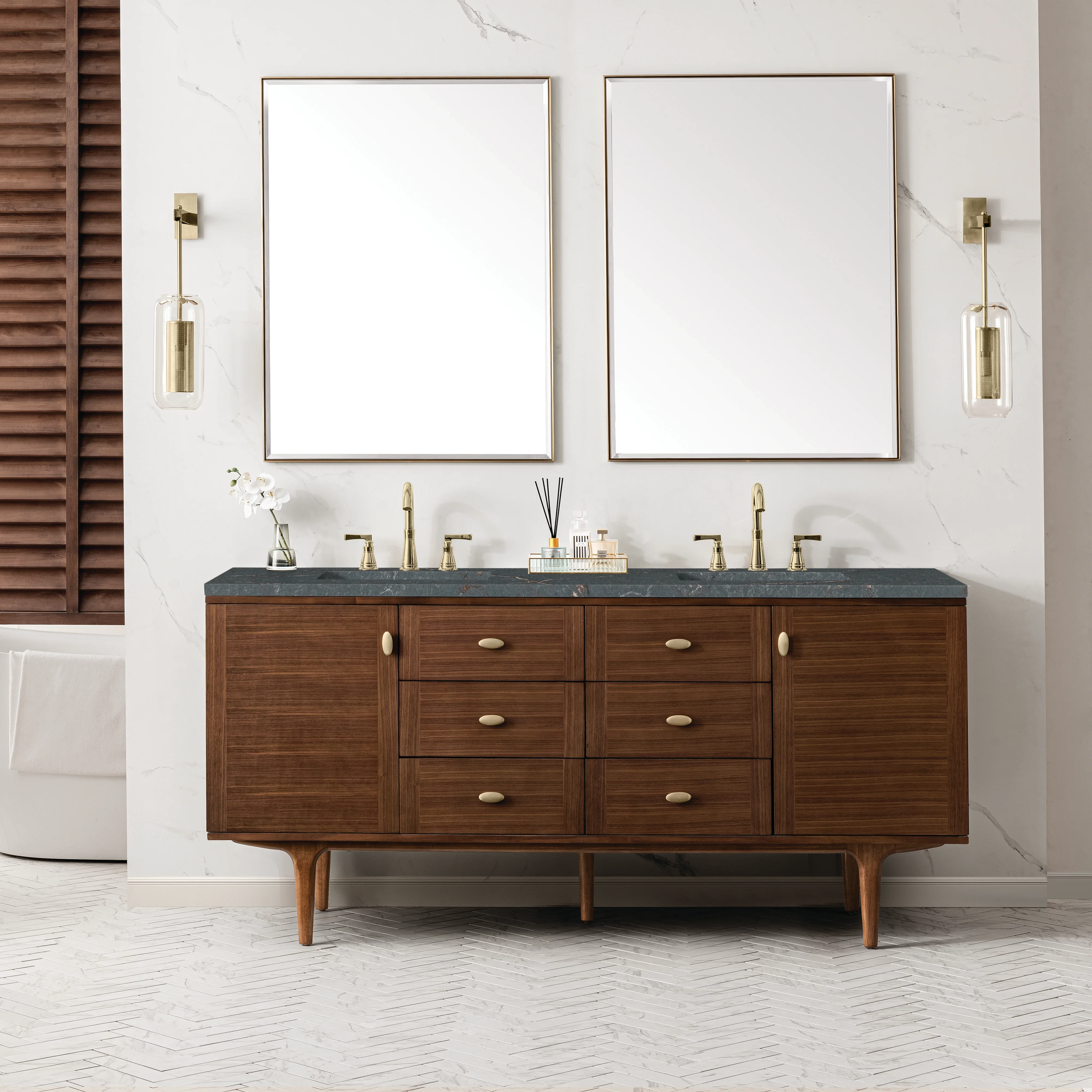 Amberly 72" Double Vanity, Mid-Century Walnut w/ 3 CM Parisien Bleu Top w/FreePower Wireless Charger