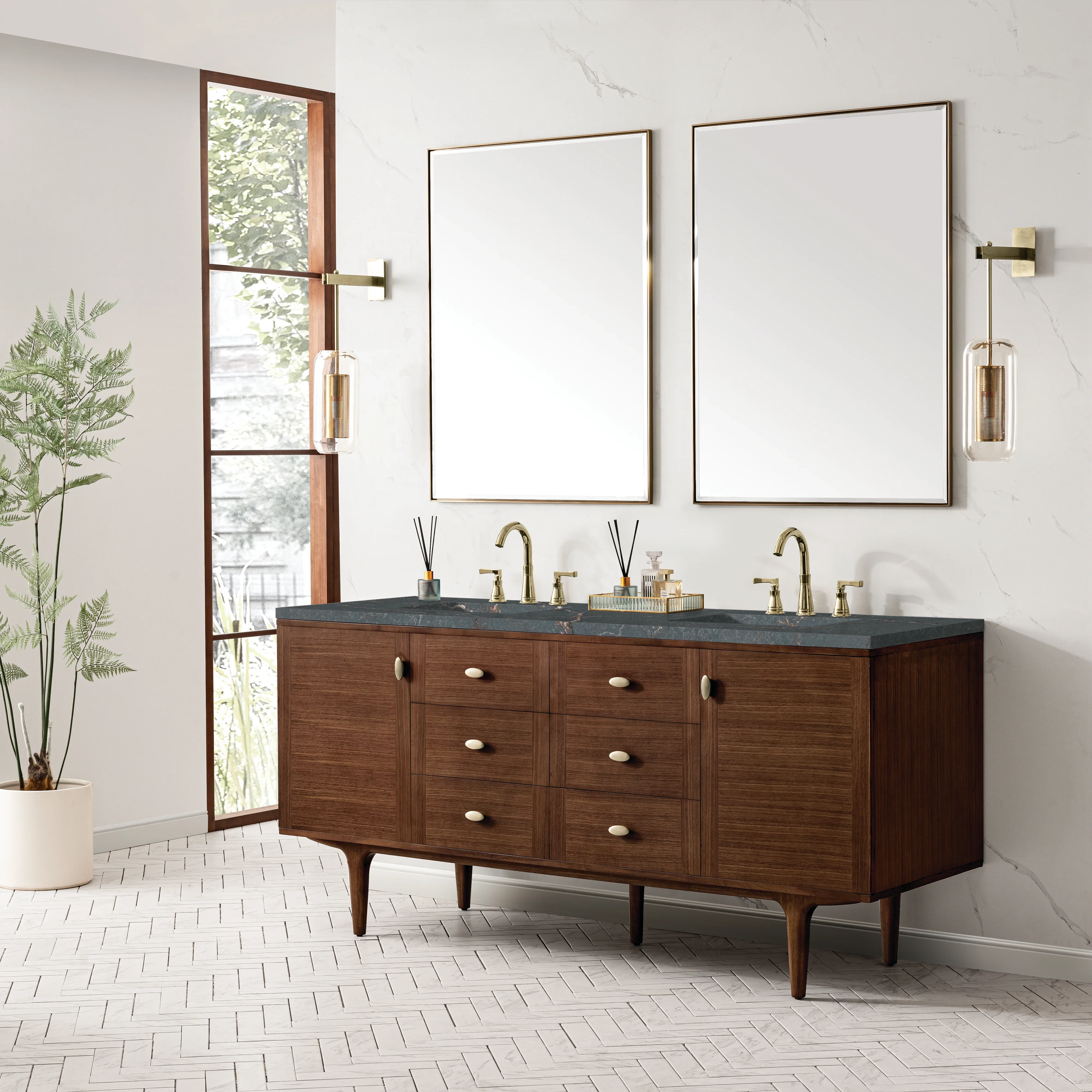 Amberly 72" Double Vanity, Mid-Century Walnut w/ 3 CM Parisien Bleu Top w/FreePower Wireless Charger