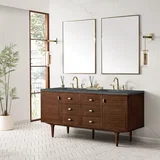 Amberly 72" Double Vanity, Mid-Century Walnut w/ 3 CM Parisien Bleu Top w/FreePower Wireless Charger