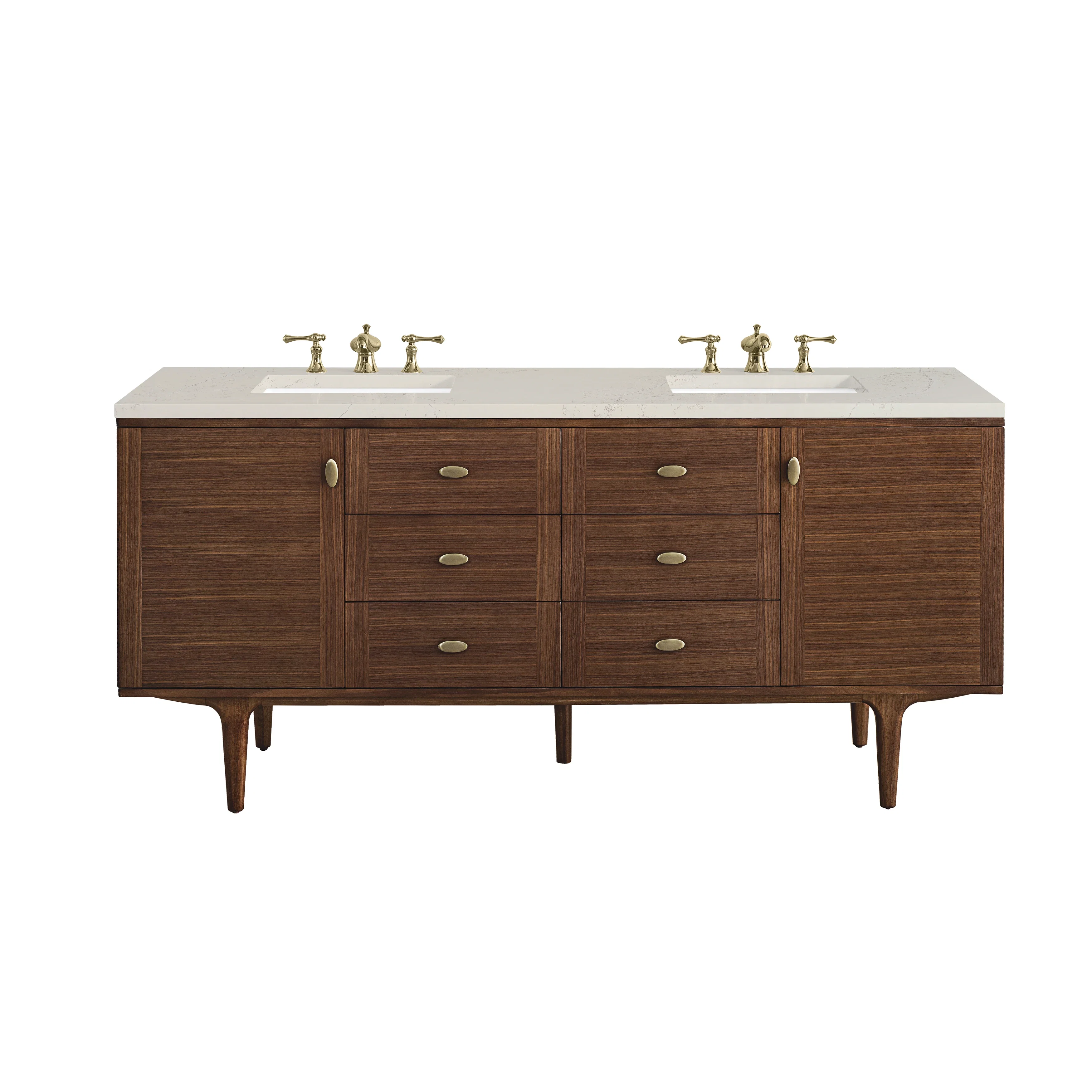 Amberly 72" Double Vanity, Mid-Century Walnut, w/ 3 CM Siberian Silestone Top w/FreePower Wireless Charger