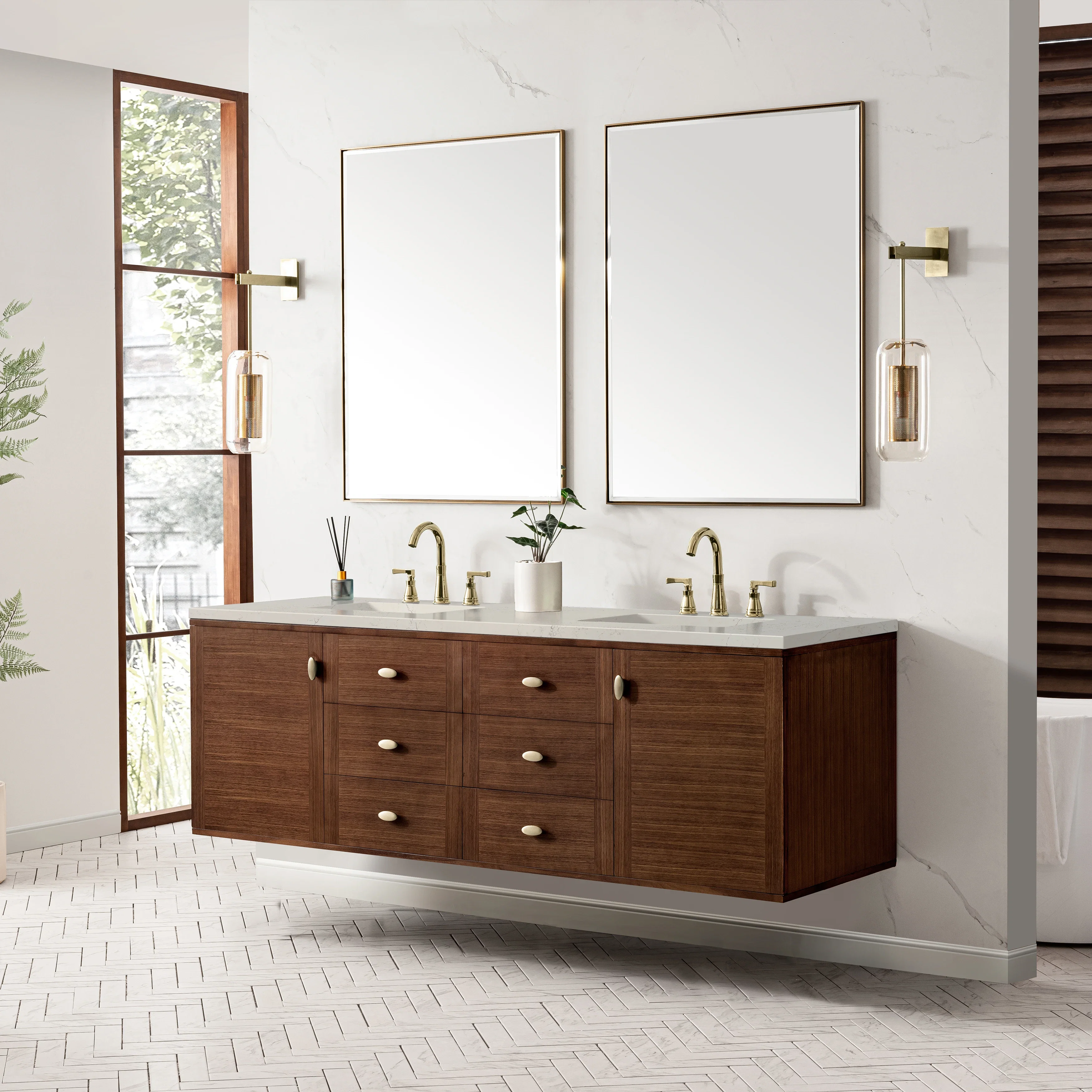 Amberly 72" Double Vanity, Mid-Century Walnut, w/ 3 CM Siberian Silestone Top w/FreePower Wireless Charger