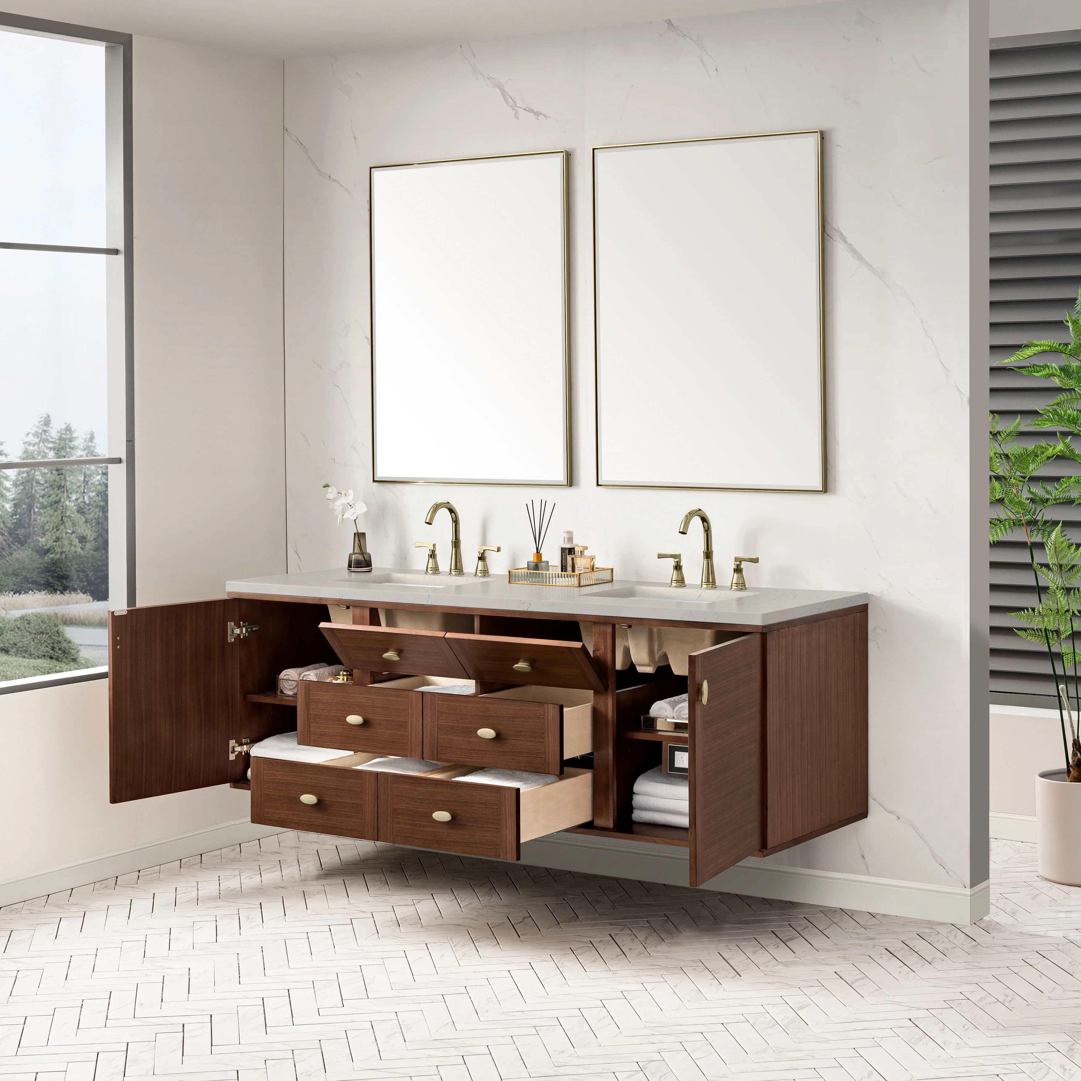 Amberly 72" Double Vanity, Mid-Century Walnut, w/ 3 CM Siberian Silestone Top w/FreePower Wireless Charger