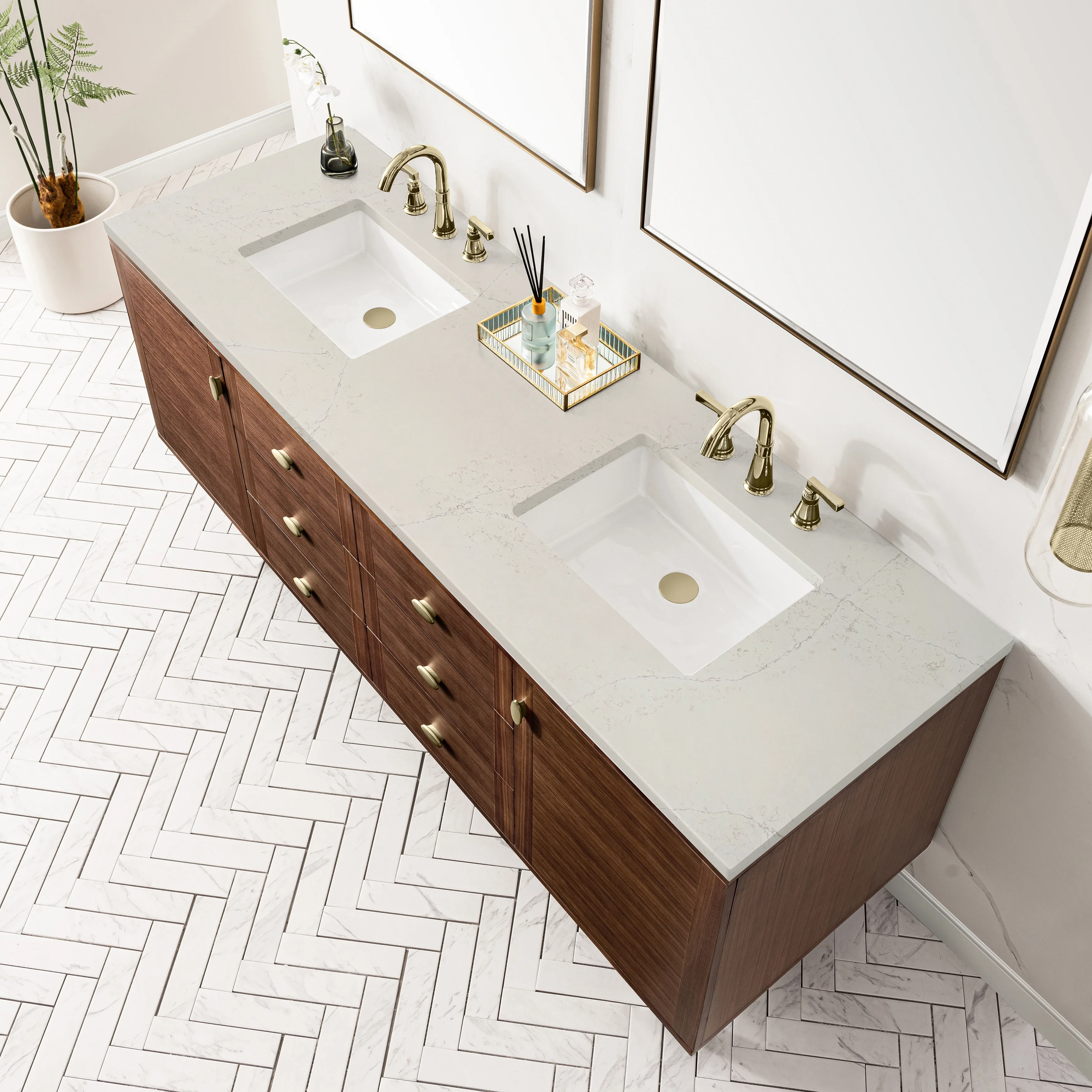 Amberly 72" Double Vanity, Mid-Century Walnut, w/ 3 CM Siberian Silestone Top w/FreePower Wireless Charger