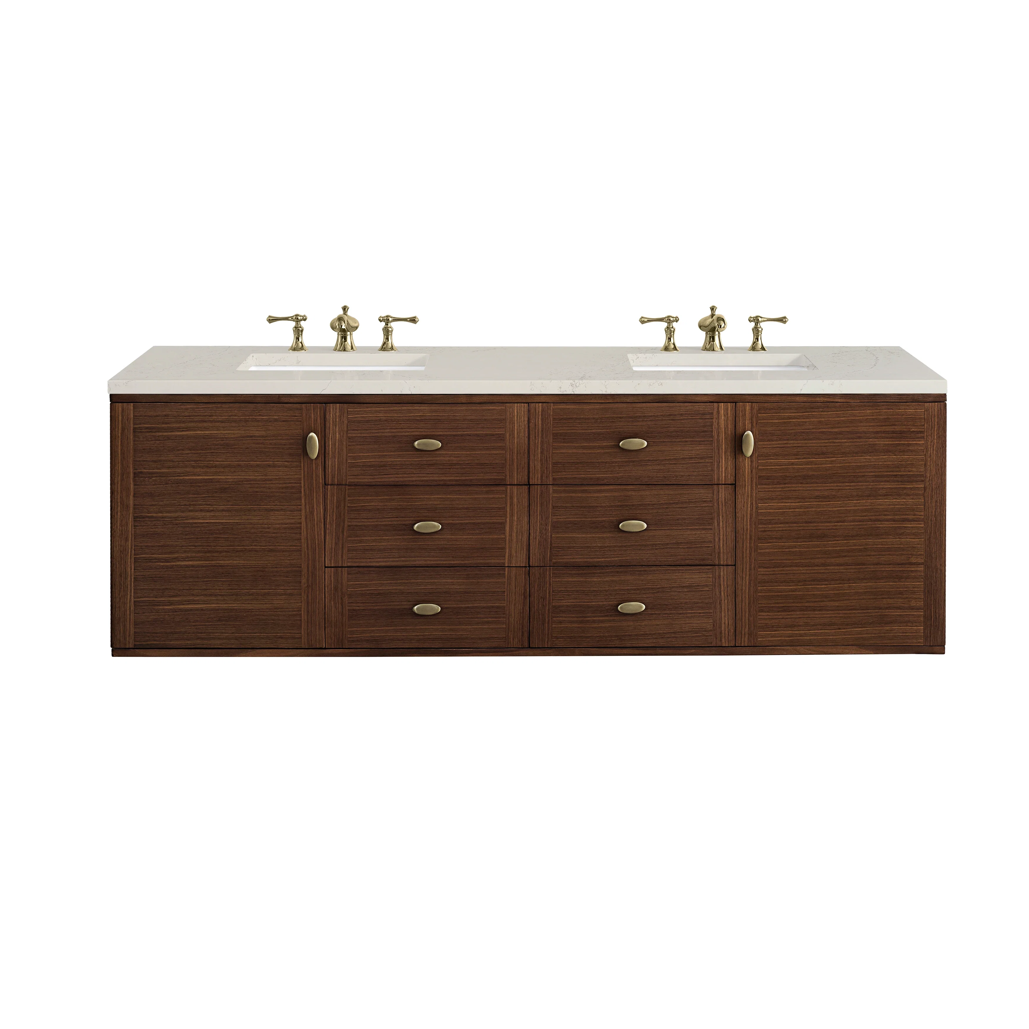 Amberly 72" Double Vanity, Mid-Century Walnut, w/ 3 CM Siberian Silestone Top w/FreePower Wireless Charger