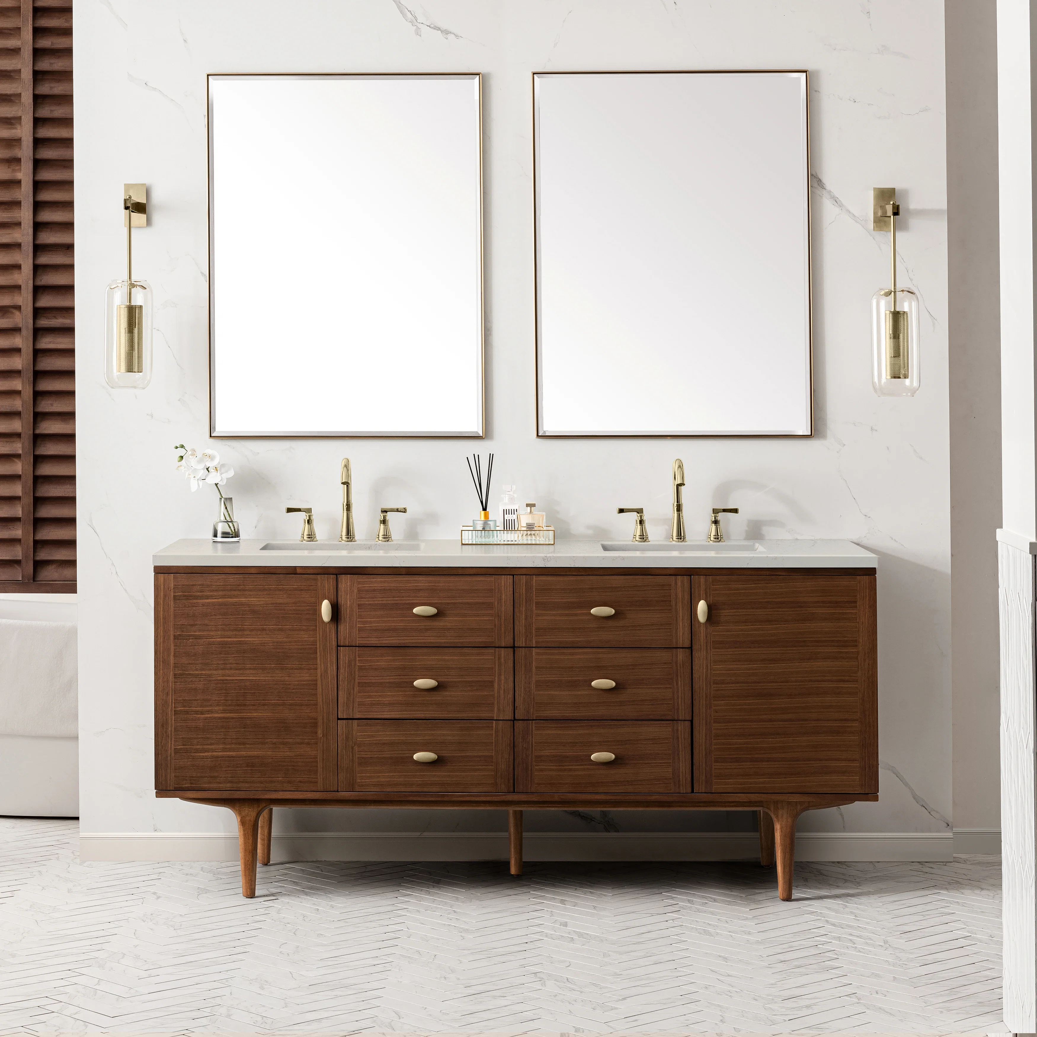 Amberly 72" Double Vanity, Mid-Century Walnut, w/ 3 CM Siberian Silestone Top w/FreePower Wireless Charger